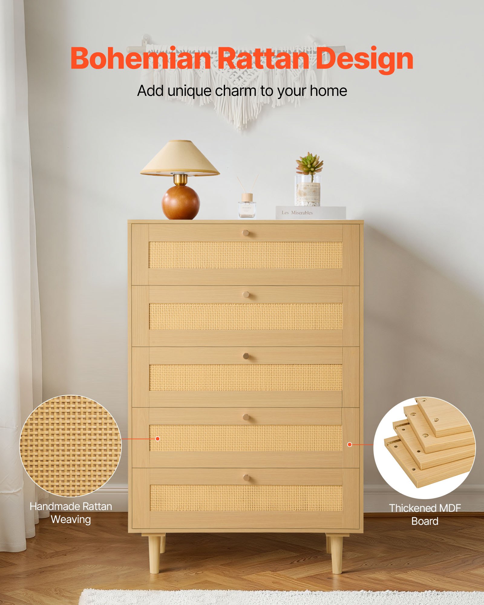 5 Drawer Rattan Dresser — Modern Closet Dresser for Bedroom — photo 5