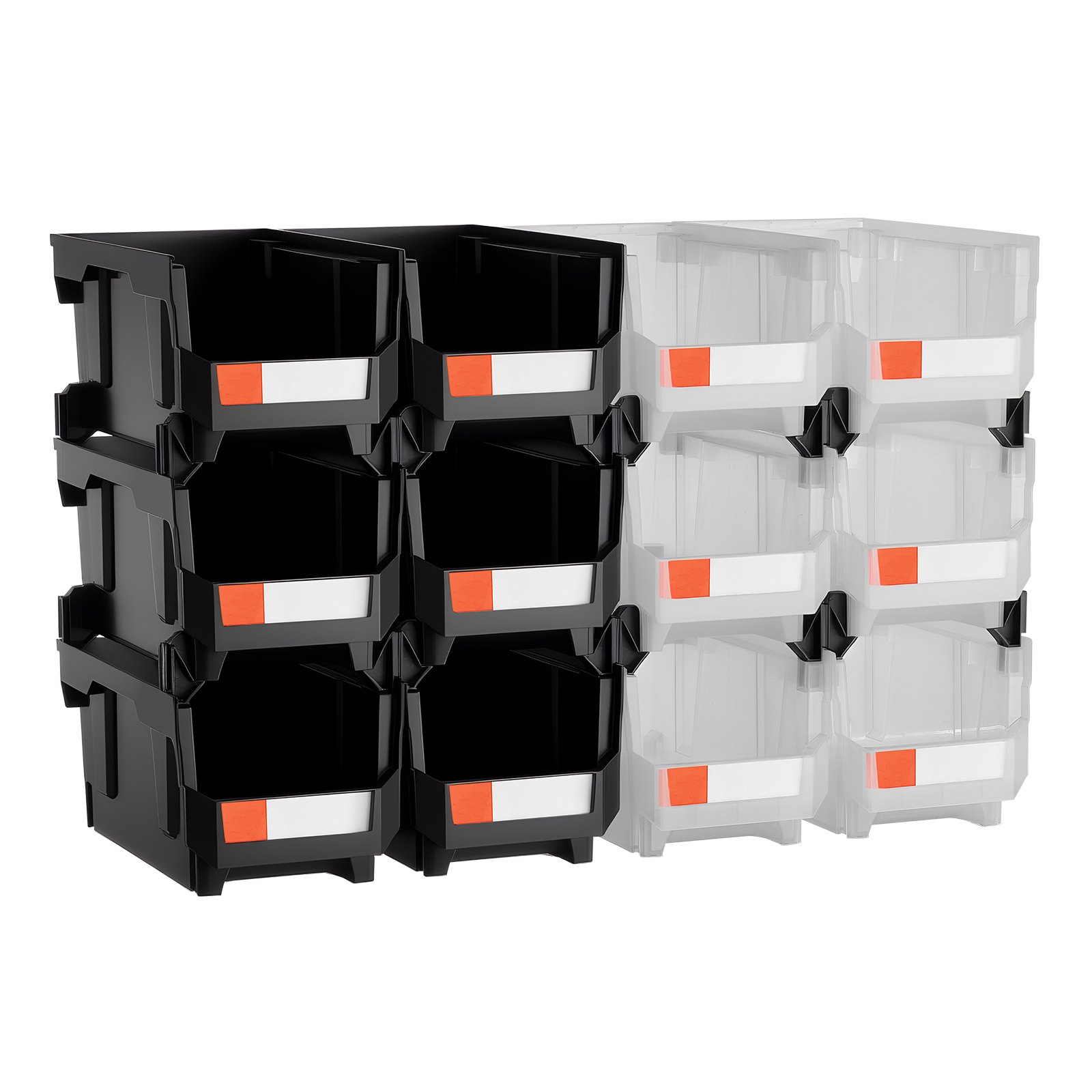 Plastic Stackable Storage Bins, 14.8 X 8.5 X 7.1 Inch (12 Pack), Plastic Containers For Organizing & Storage Bins For Garage, Small Parts, Office Supplies, Other Accessories, Black & Transparent - Image 1