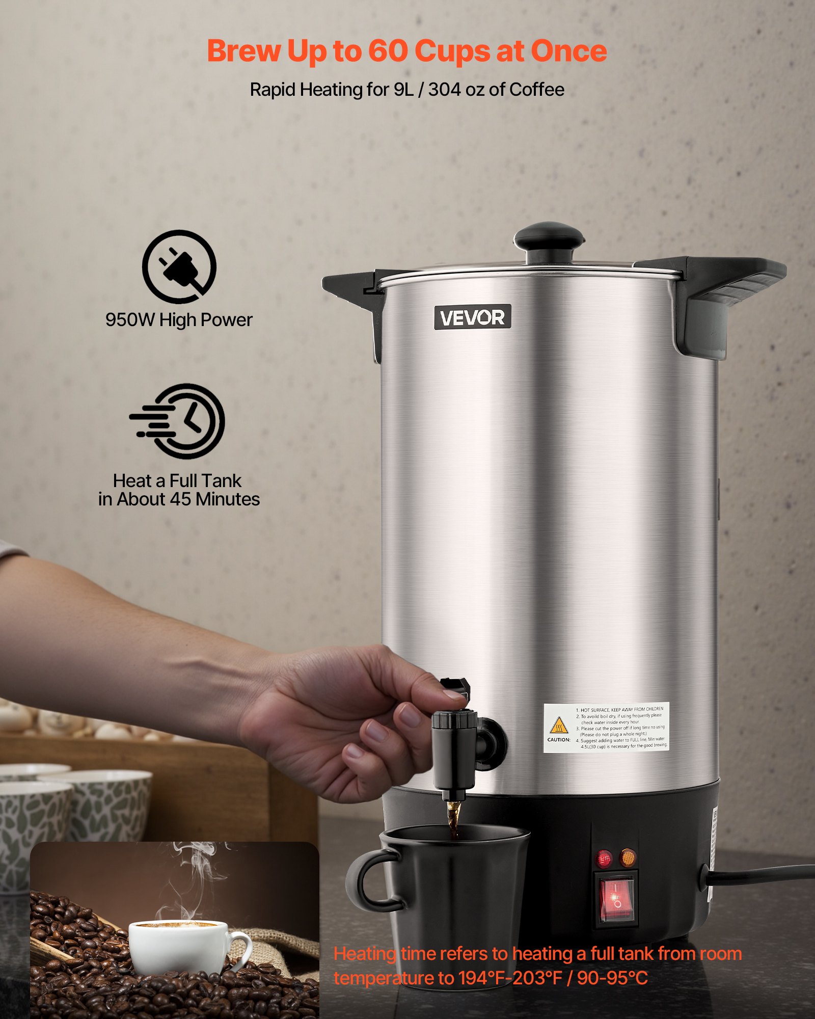 Commercial Coffee Urn, 60 Cup 9 L Hot Beverage Dispenser With Dripless Faucet, Quick-Brewing Stainless… image 2