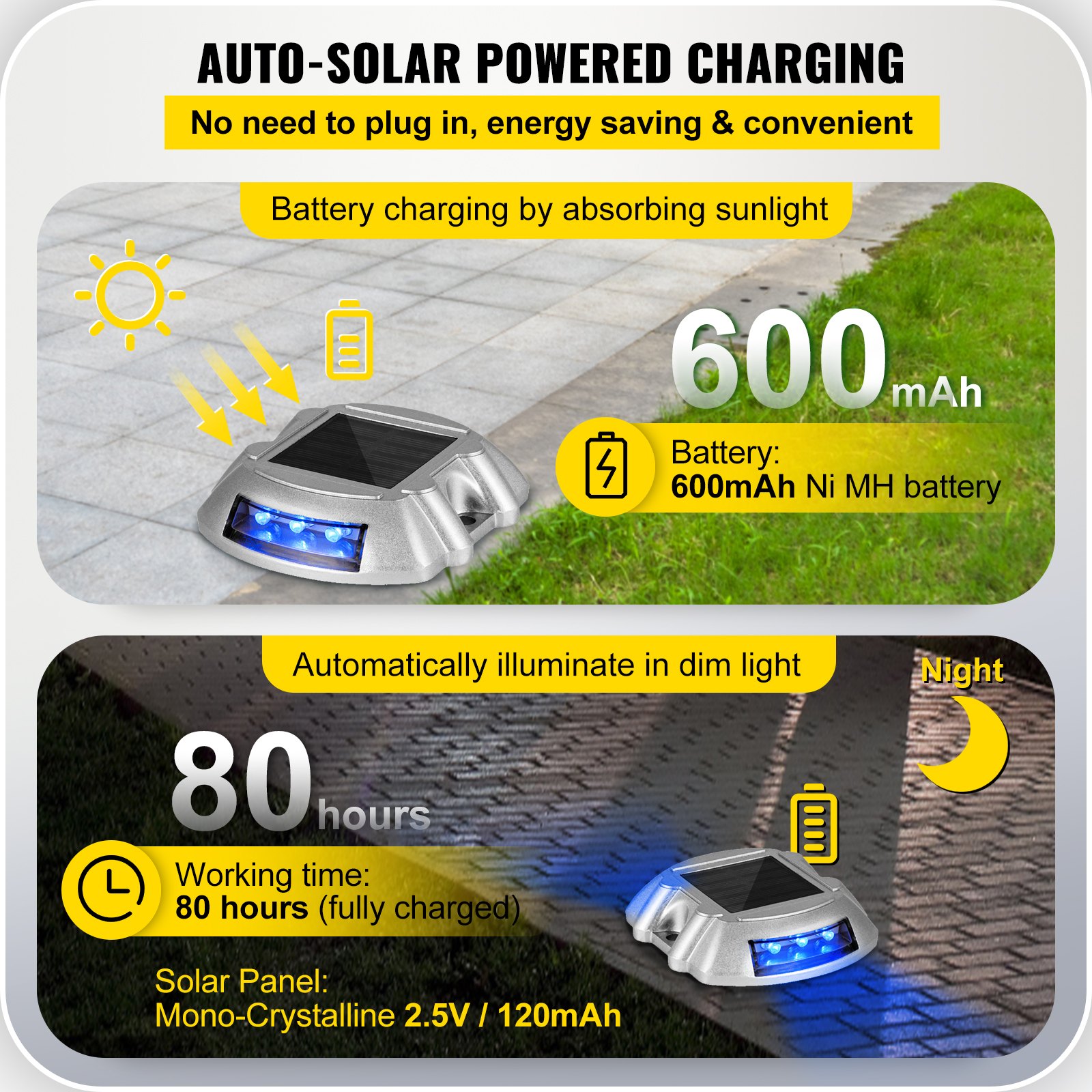 Driveway Lights 24-Pack, Solar Driveway Lights With Switch Button, Solar Deck Lights Waterproof, Wireless Dock Lights 6 LEDs For Path Warning Garden Walkway Sidewalk Steps, LED Bright Blue