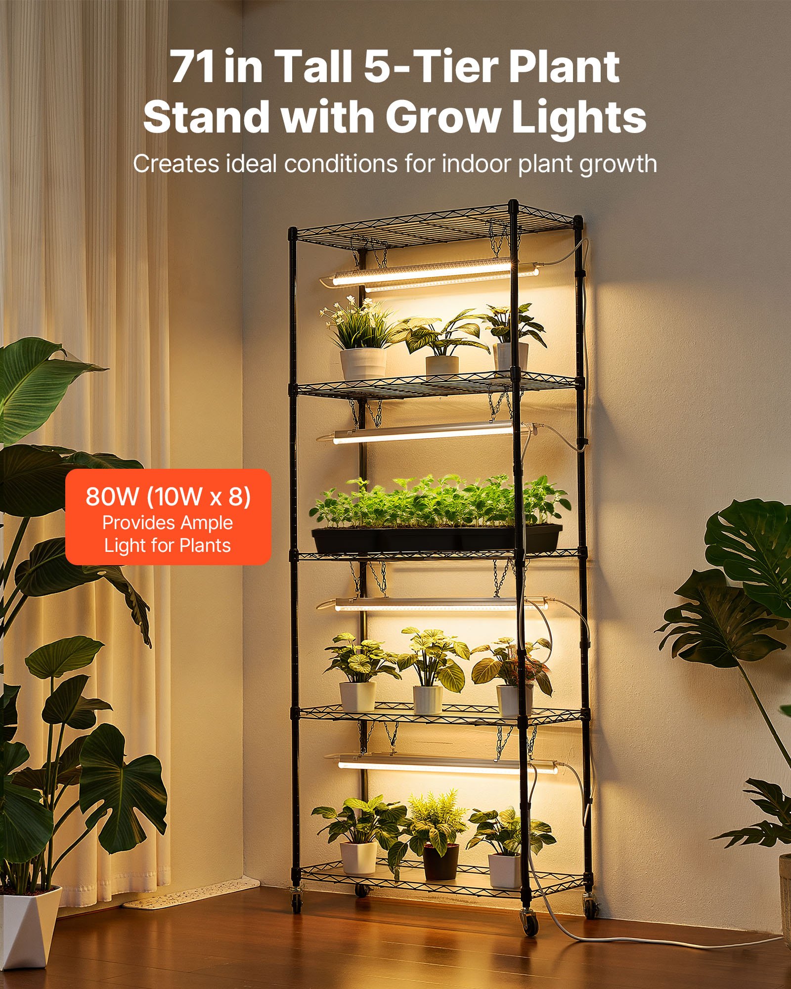 Plant Shelf With Grow Light, 5-Tier Indoor Plant Stand, 71 In Tall Plants Display Rack With Wheels & 4/9/14H Timer, 80W T5 LED Full Spectrum Grow Lights, Flower Pot Holder For Seed Starting image 5