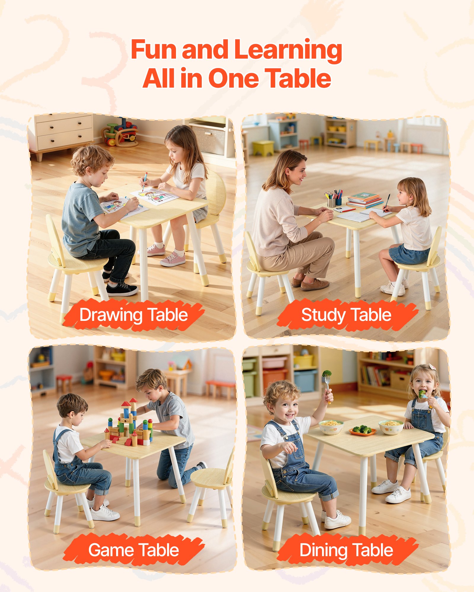 Kids Table And 2 Chairs Set, Toddler Table And Chair Set With Rounded Edge Design & Graffiti Desktop, Wooden Desk For Art, Craft, Reading, Learning, Drawing, Classroom/Daycare/Home, Burlywood_voghion.com