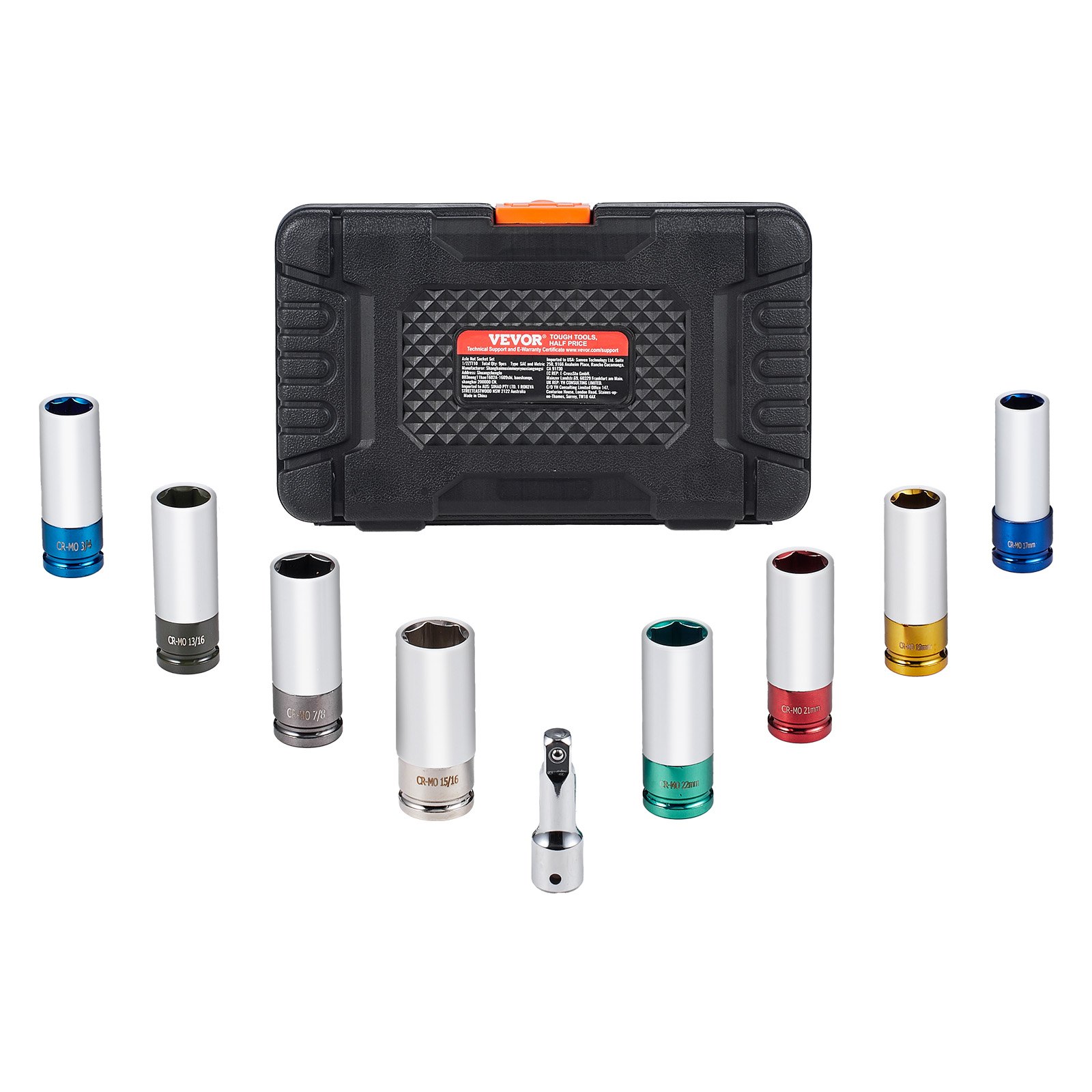 Lug Nut Impact Socket Set, 1/2 Inch Drive Metric And SAE 6-Point Deep Socket Set, 8 Total Lug Nut Sizes, CR-MO Steel Wheel Socket Set With Storage Case And Extension Bar, For Auto Repair - Image 1