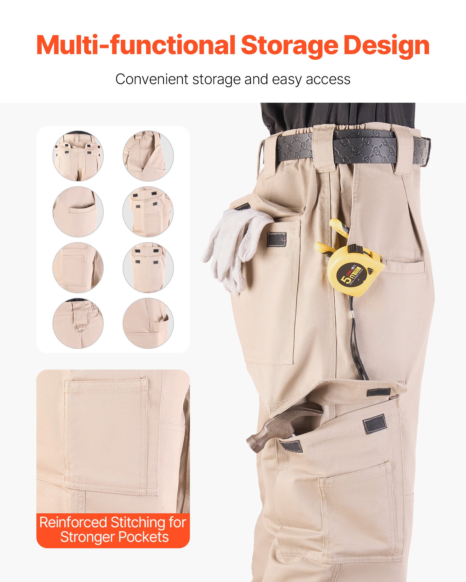 FR Pants For Men, 9 Oz 100% Cotton, Flame-Resistant Cargo Pants With Multi-Pockets And Elastic Waist, Reinforced Tear-proof Stitching, Ideal For Welding Work And Casual Wear, XXL Size, Khaki