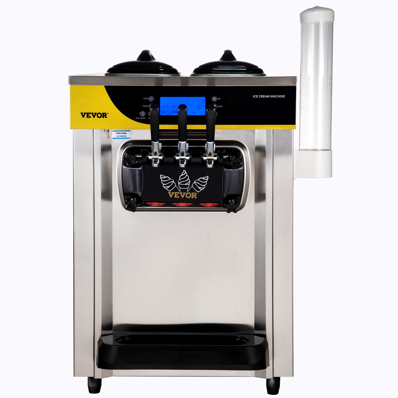 Commercial Ice Cream Maker, 22-30L/H Yield, 2200W Countertop Soft Serve Machine With 2x6L Hopper 2L Cylinder LCD Panel Puffing Shortage Alarm, Frozen Yogurt Maker For Restaurant Snack Bar, Silve