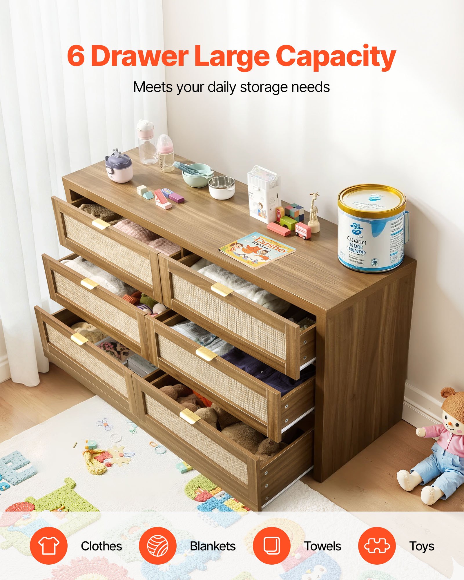 6 Drawer Rattan Dresser — Double Dresser for Bedroom — photo 4