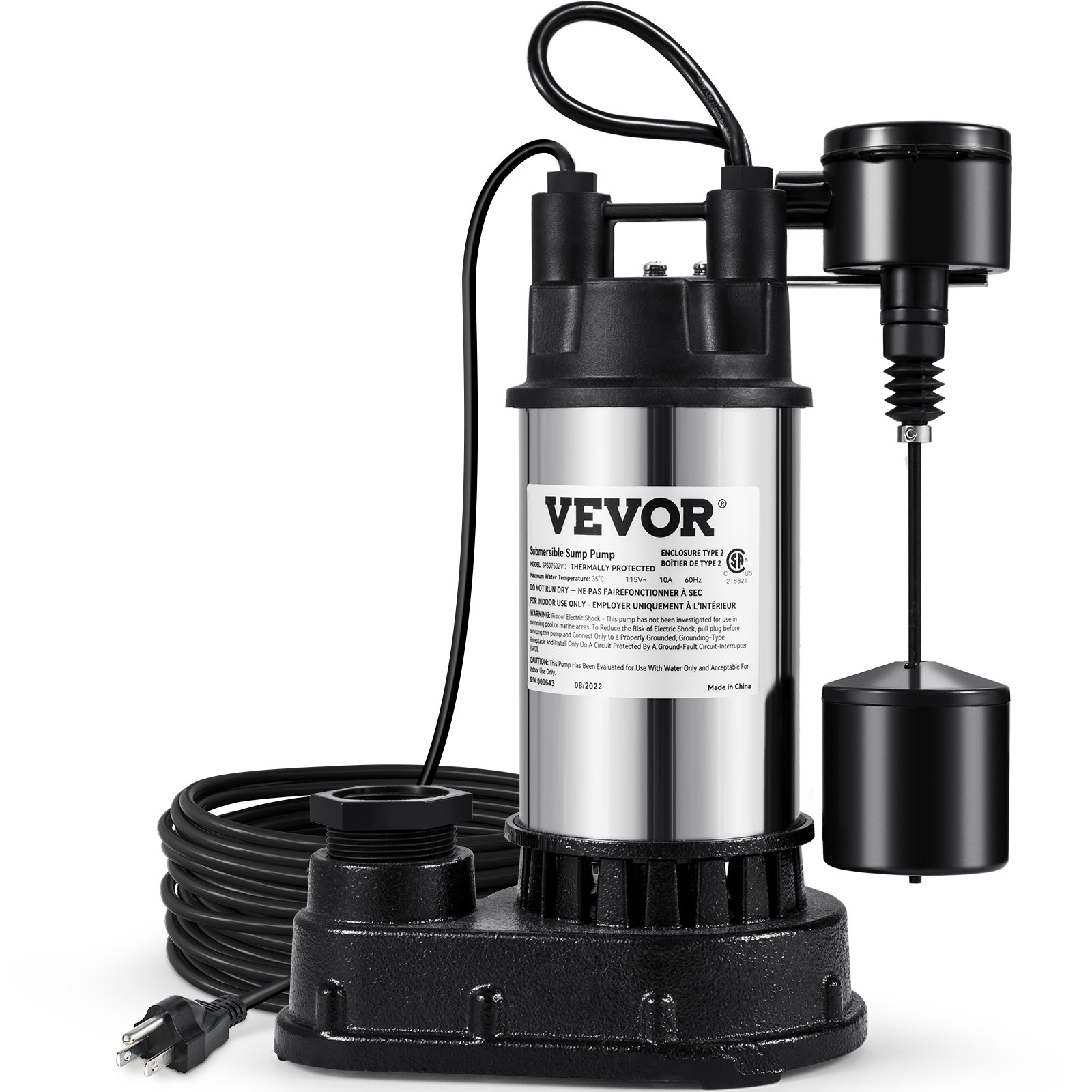 1.5 HP Submersible Cast Iron And Steel Sump Pump, 6000 GPH Submersible Pump
