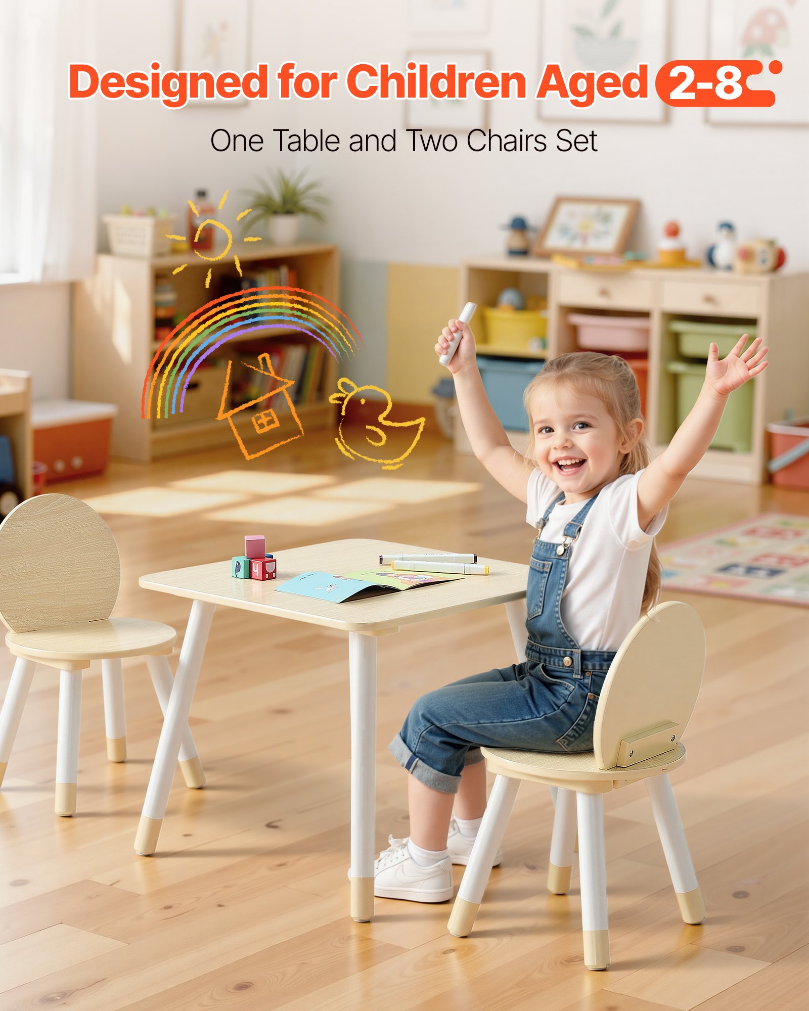 Kids Table And 2 Chairs Set, Toddler Table And Chair Set With Rounded Edge Design & Graffiti Desktop, Wooden Desk For Art, Craft, Reading, Learning, Drawing, Classroom/Daycare/Home, Burlywood_voghion.com