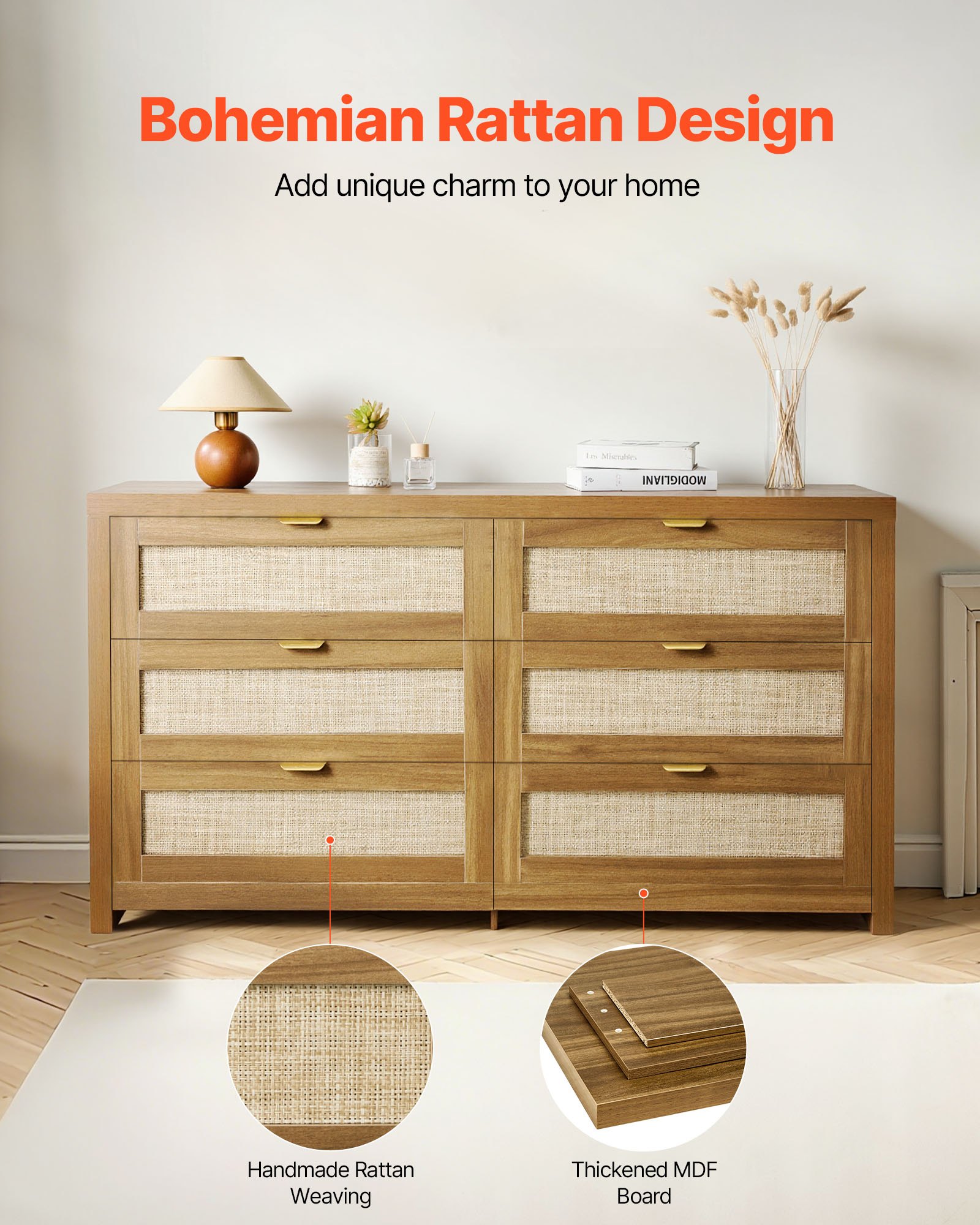 6 Drawer Rattan Dresser — Double Dresser for Bedroom — photo 3