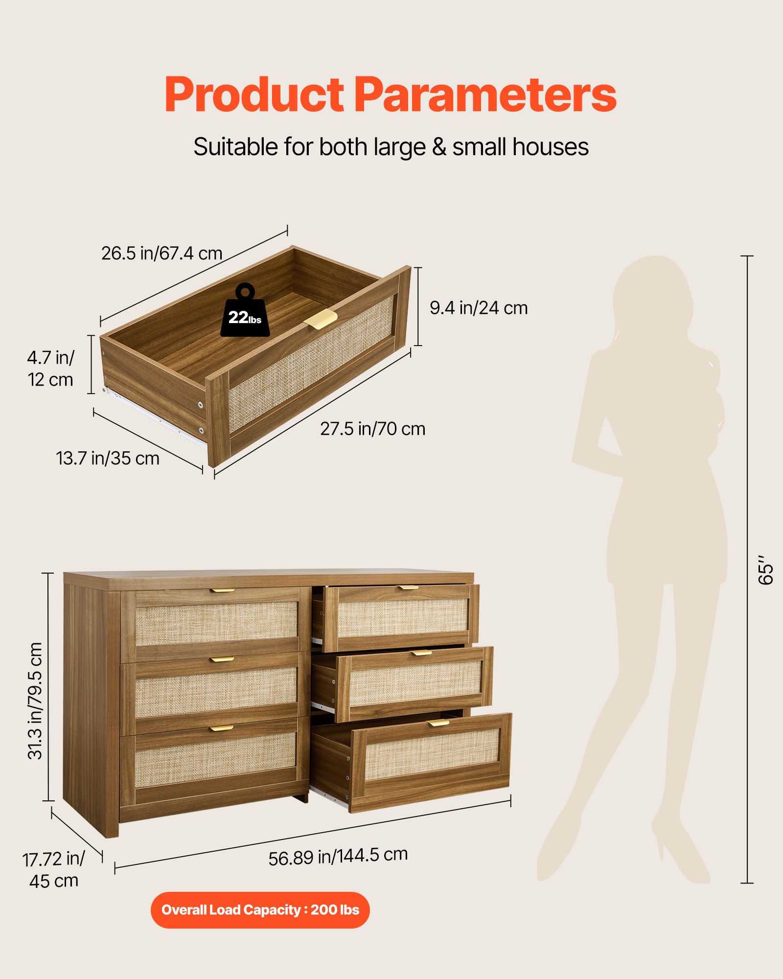 6 Drawer Rattan Dresser — Double Dresser for Bedroom — photo 2