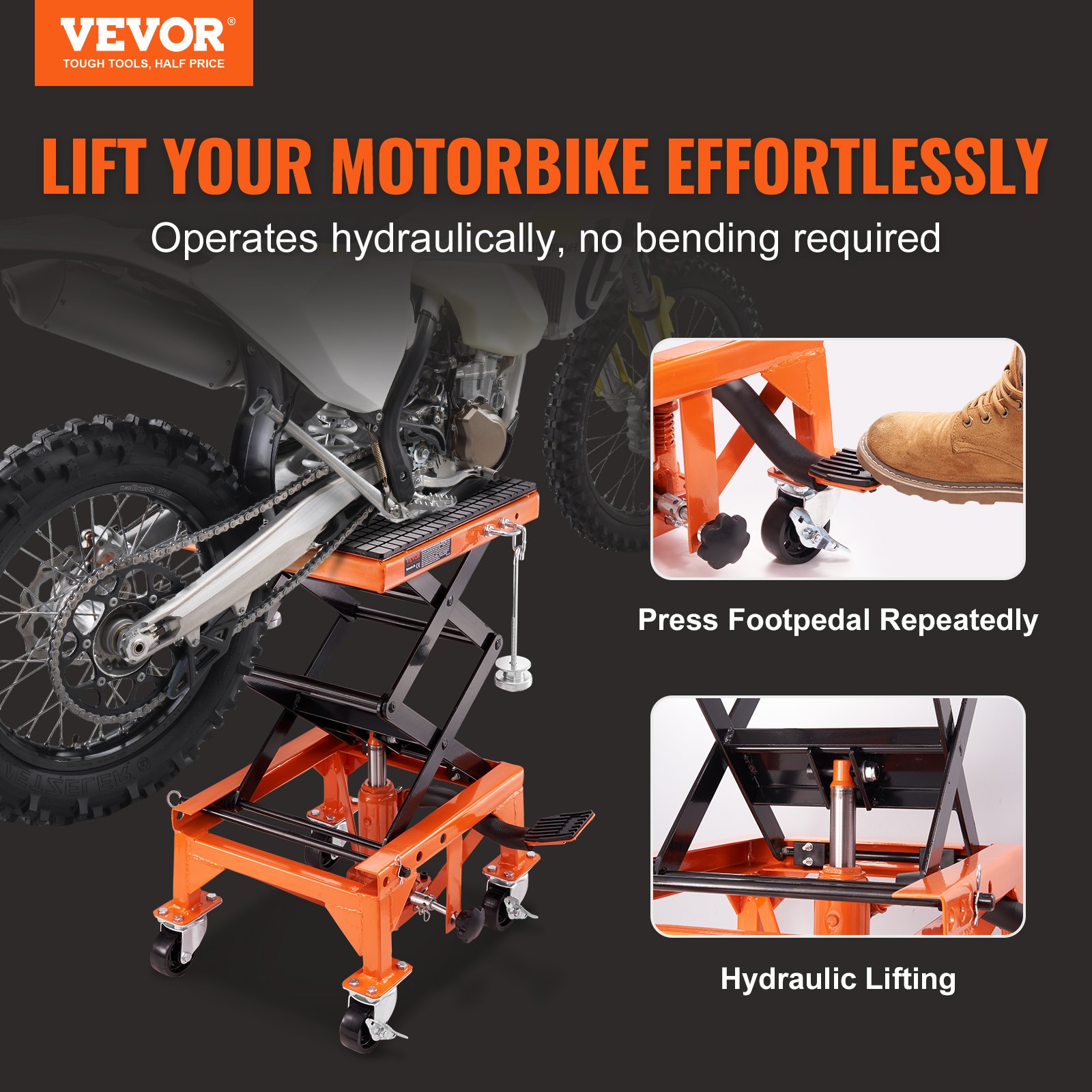 Hydraulic Motorcycle Lift Table, 350 LBS Capacity Motorcycle Scissor Jack Lift With Wide Deck, J-hooks, 4 Wheels, Hydraulic Foot-Operated Jack Stand For ATV Dirt Bikes image 2