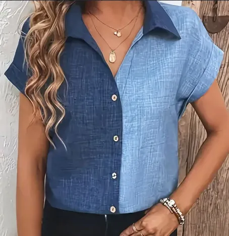 Color Block Button Up Blouse, Elegant Lapel Neck Short Sleeve Blouse For Every Day Women's Clothing Stylish & Versatile Suitable For Casual &... Mixed Color - Shop at LoveMi
