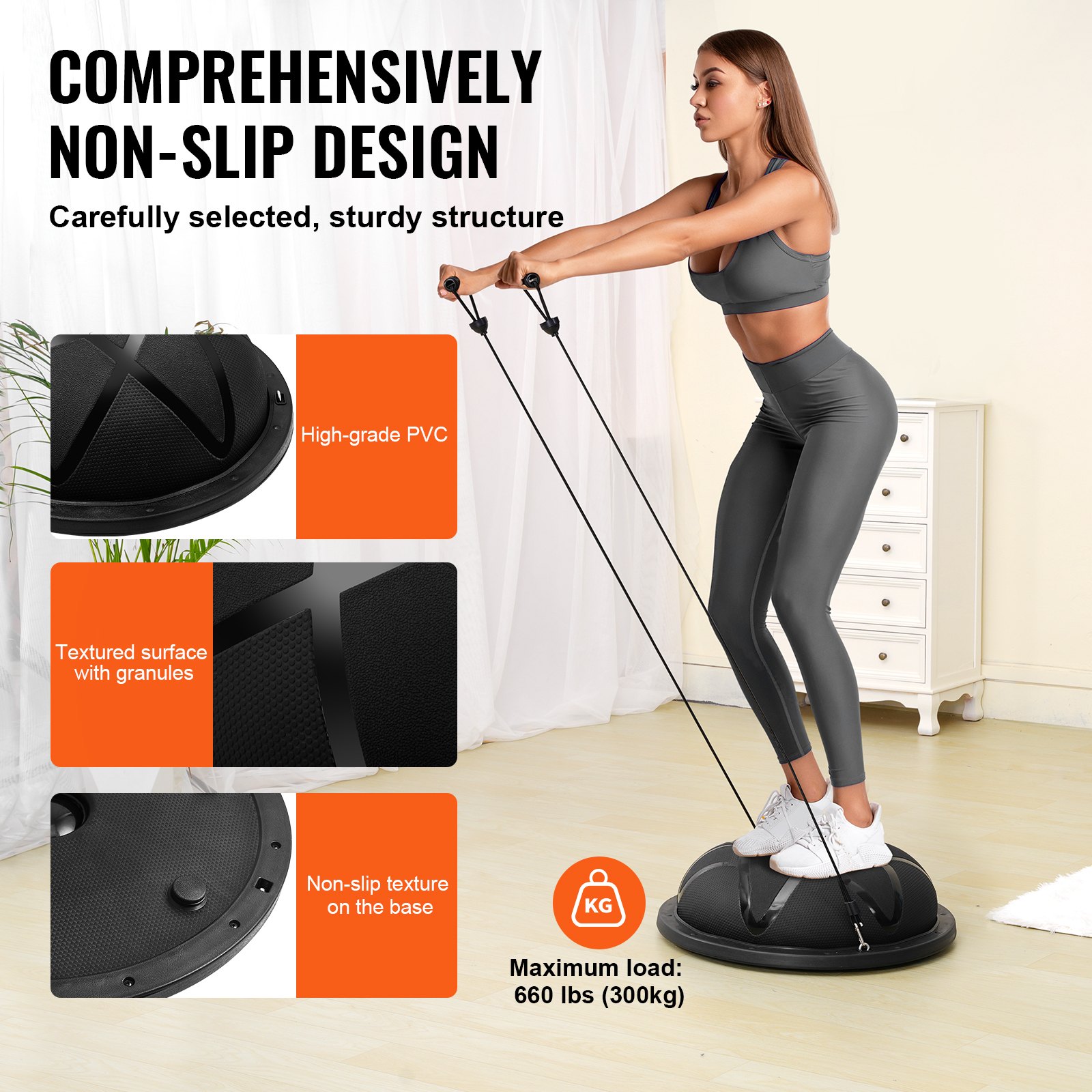 Half Exercise Ball Trainer, 23 Inch Balance Ball Trainer, 660 Lbs Capacity Stability Ball, Yoga Ball With Resistance Bands And Pump, Strength Fitness Ball For Home Gym, Full Body Workouts, Black image 4
