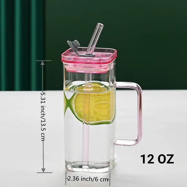 1 Pcs Blue Glass Straw Cup, 6 Colors Square Glass Cup With Straw And Lid, High Borosilicate Glass Cup, Milk Cup, Juice Cup, Cold Drink Cup, Coffee Cup, Tea Cup,