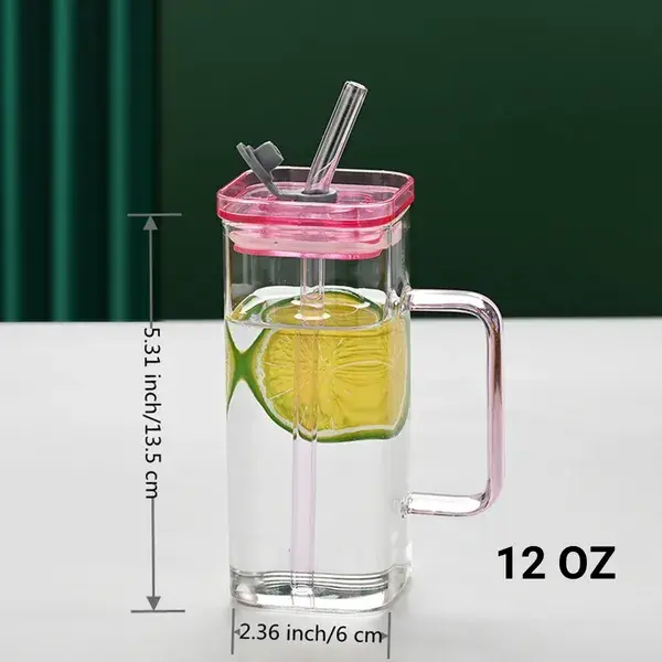 1 Pcs Blue Glass Straw Cup, 6 Colors Square Glass Cup With Straw And Lid, High Borosilicate Glass Cup, Milk Cup, Juice Cup, Cold Drink Cup, Coffee Cup, Tea Cup,