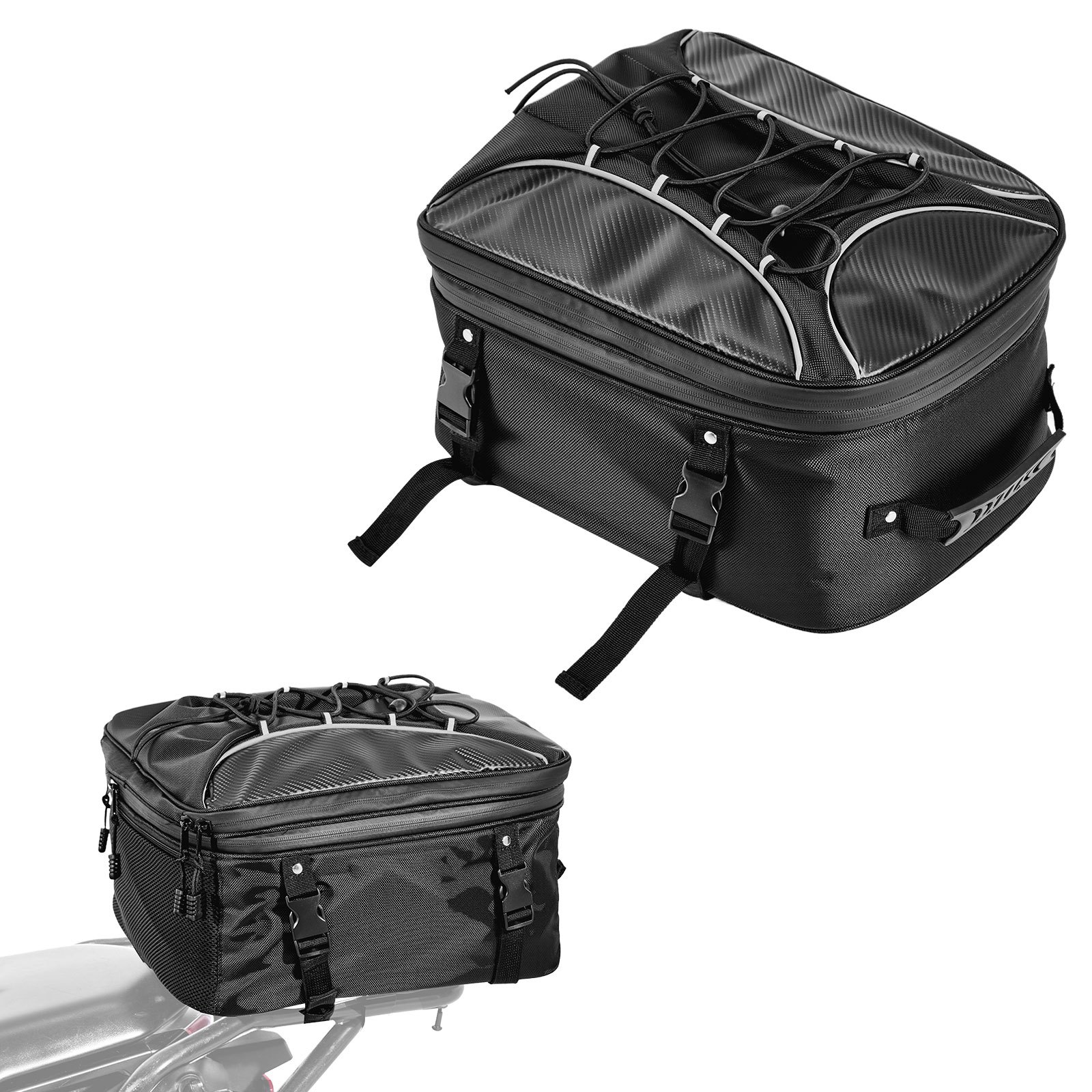Motorcycle Tail Bag, 22-34 L Expandable Motorcycle Rear Seat Bag With Waterproof Rain Cover, Outdoor Sports Motorbike Luggage Storage Backpack Handbag With Straps, Pocket & Elastic Cord, Black