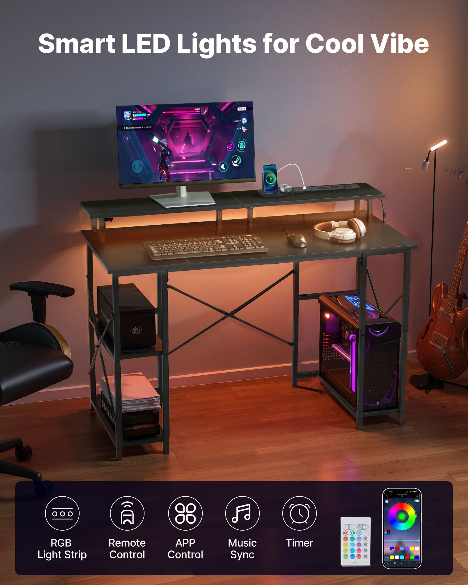 47" Gaming Desk With LED Lights & Power Outlets, Computer Desk With Monitor Stand & 2-Tier Storage Sheves, Study Work For Home Office, Black 3
