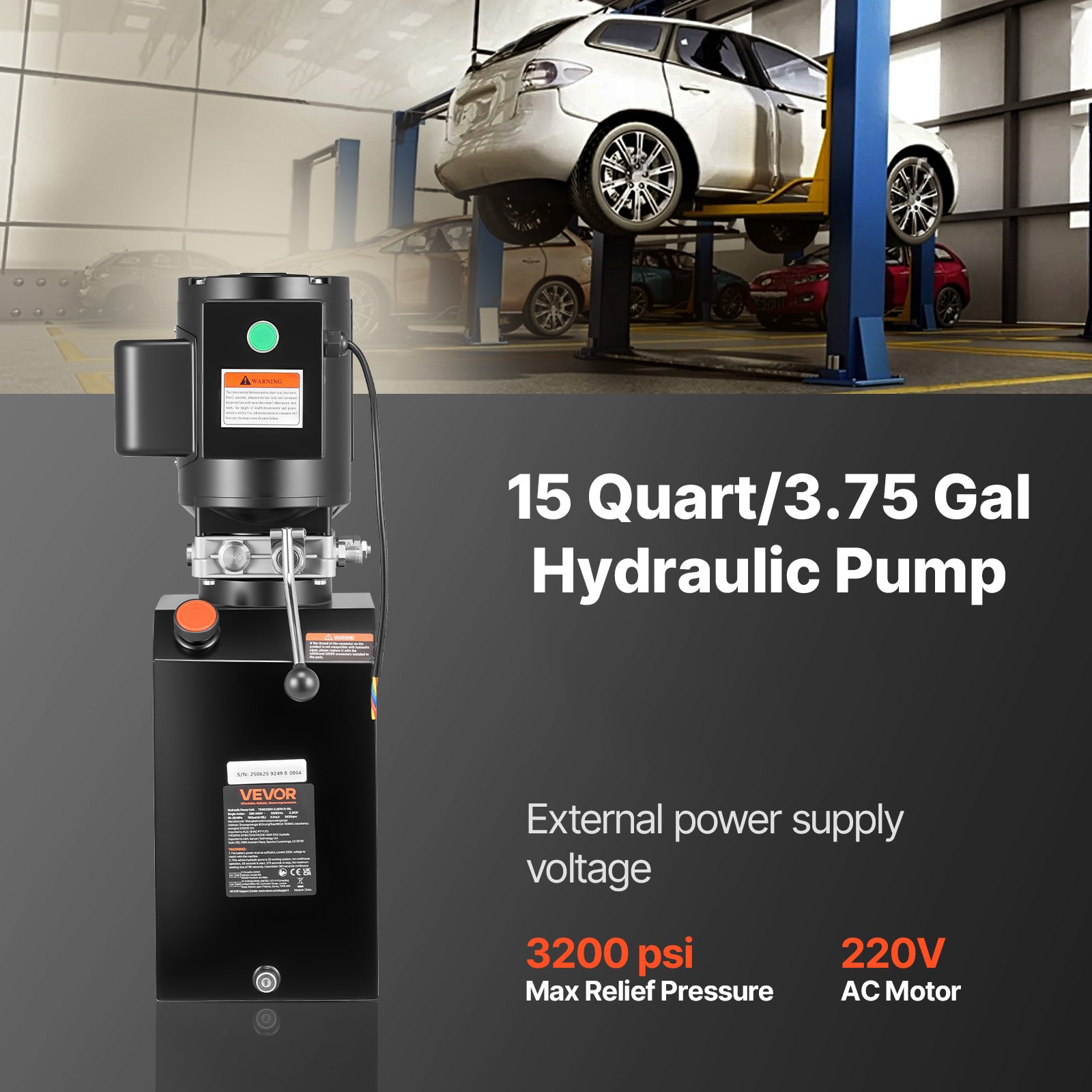 Hydraulic Pump Power Unit, AC 220V, 15 Quart Single Acting Hydraulic Unit, 6.3 L/min Oil Flow, Max Discharge Pressure 22 MPa For Dump Truck, Auto Repair Garage, Car Lifting Platforms, Black