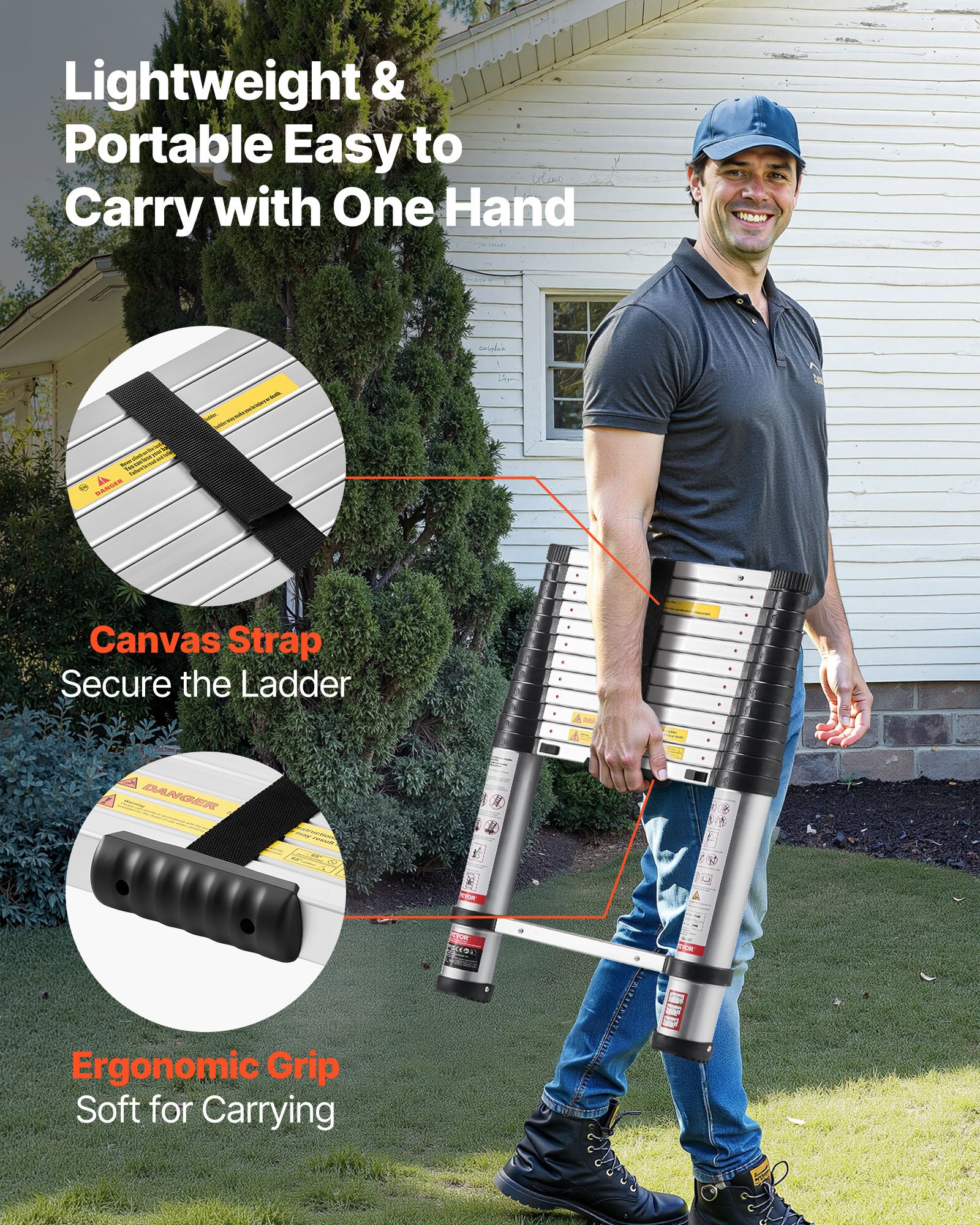 12.5ft Telescoping Ladder, Aluminum Lightweight Multi-Purpose Collapsible Extension, One-Touch Retraction Ladder, Heavy Duty 330LBS Max Capacity With Non-Slip Feet, For Home, Outdoor Work, Loft image 5