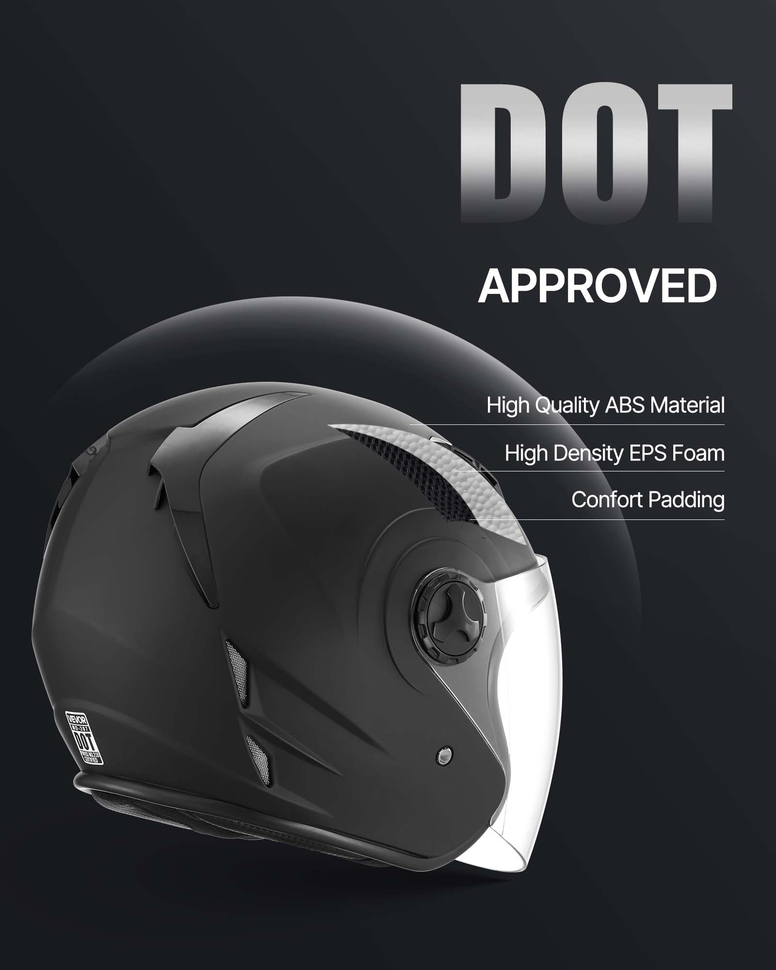 Motorcycle Helmet, 3/4 Open Face, Adult Motocross Dirt Bike Helmet With Clear Visor, Comfortable Motorbike Racing Street With Detachable Liner For Men & Women, DOT Approved, (Matte Black, XL)