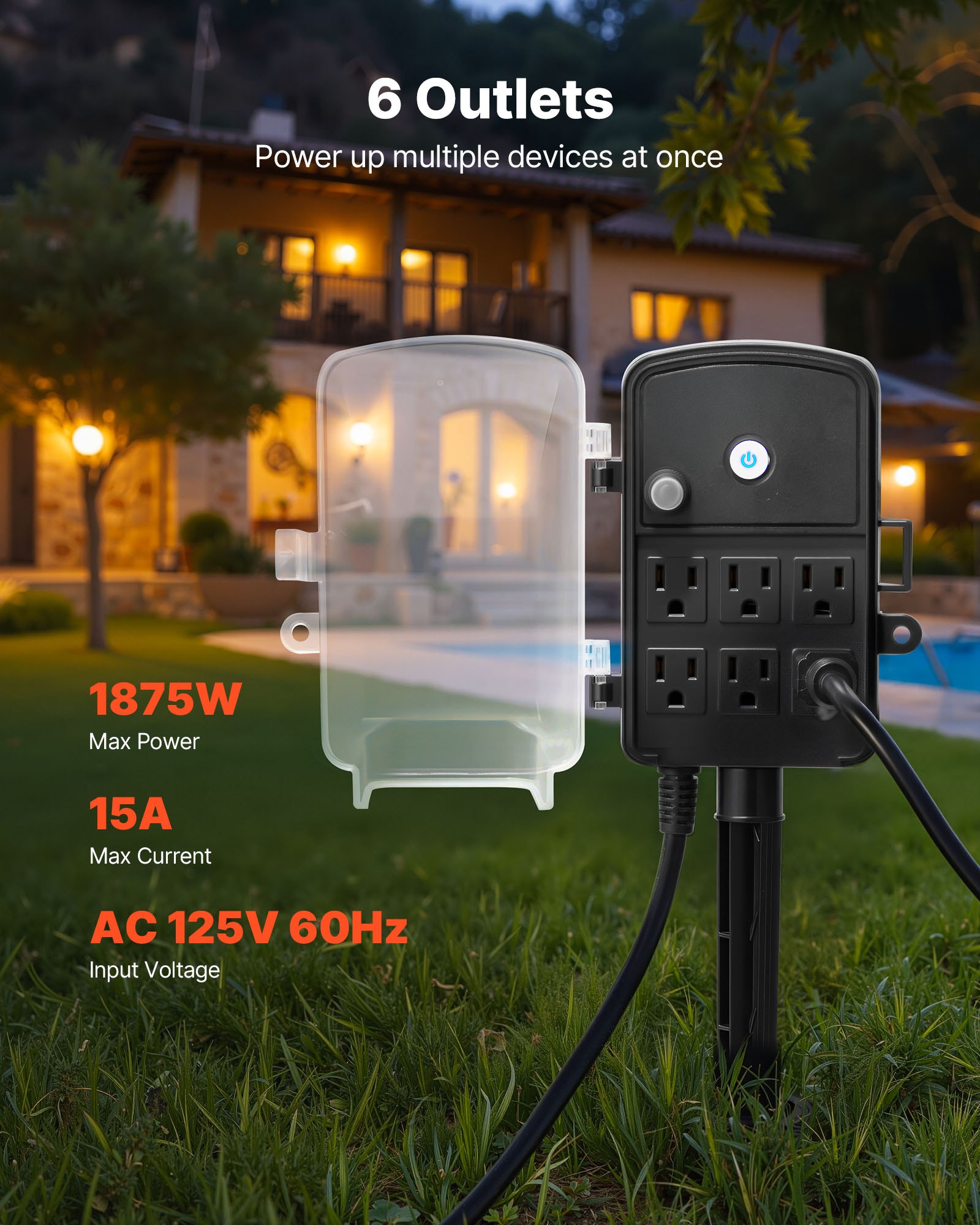 Outdoor Power Stake, 25 FT Extension Cord, Outdoor Power Strip Weatherproof With Cover And Overload Protection, 6 Outlets, 15A, 1875W, Waterproof Multi-Outlet Yard Stake For Christmas Lights image 2