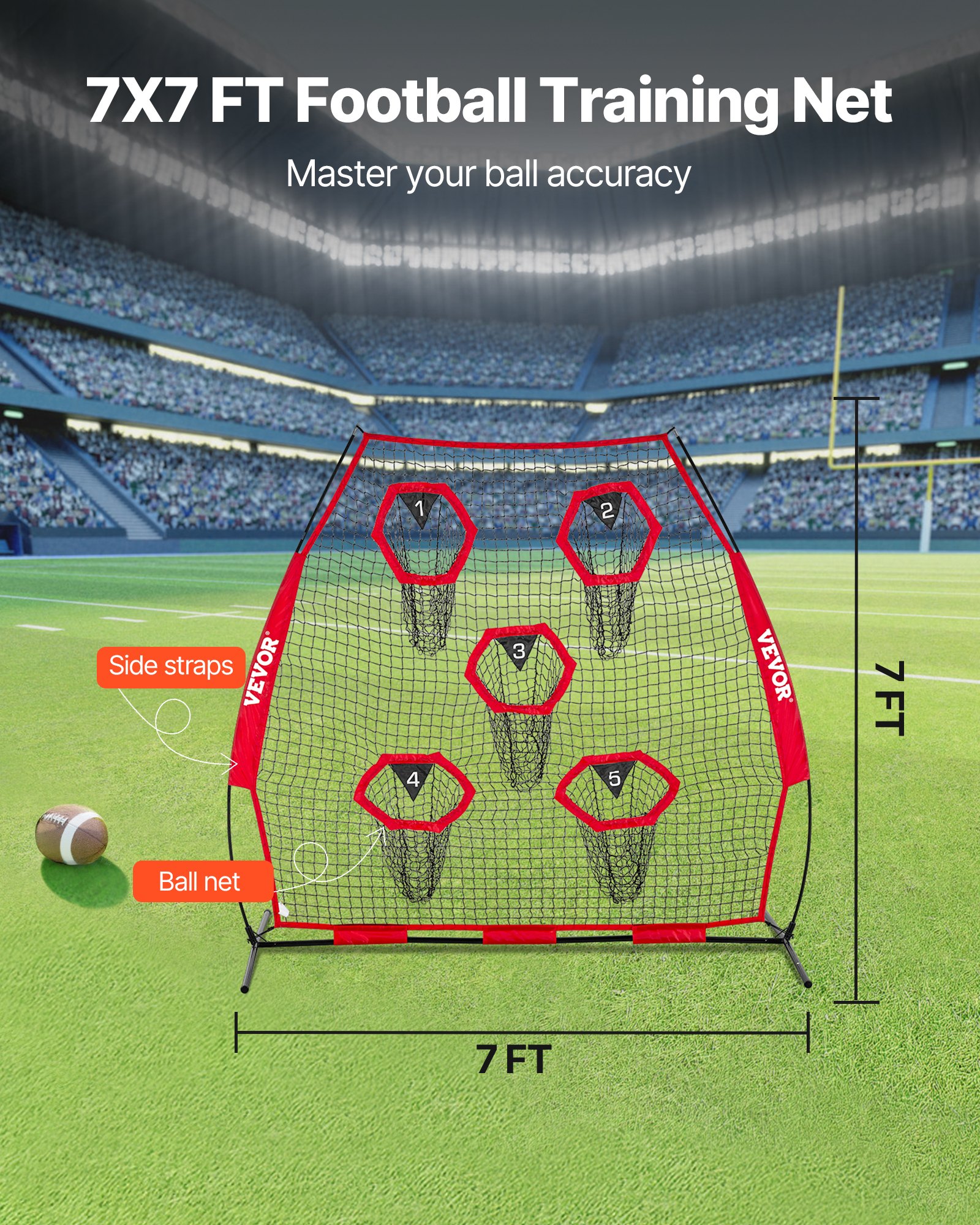 7 X 7 Ft Football Trainer Throwing Net, Training Throwing Target Practice Net With 5 Target Pockets… image 3