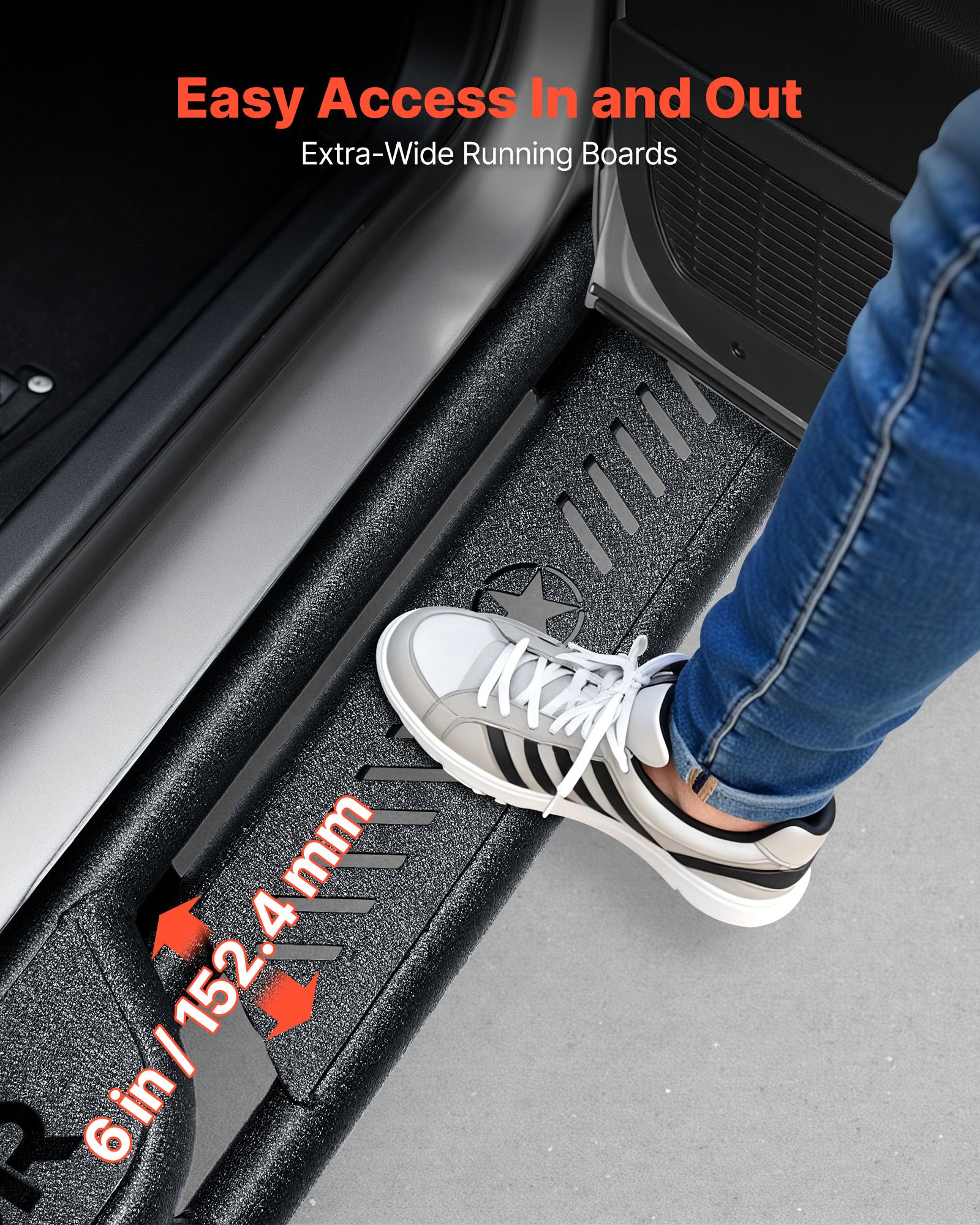 Passenger stepping onto Vevor 6-inch nerf bar side step on Ford F-150 SuperCrew Cab, demonstrating 550-lb load capacity