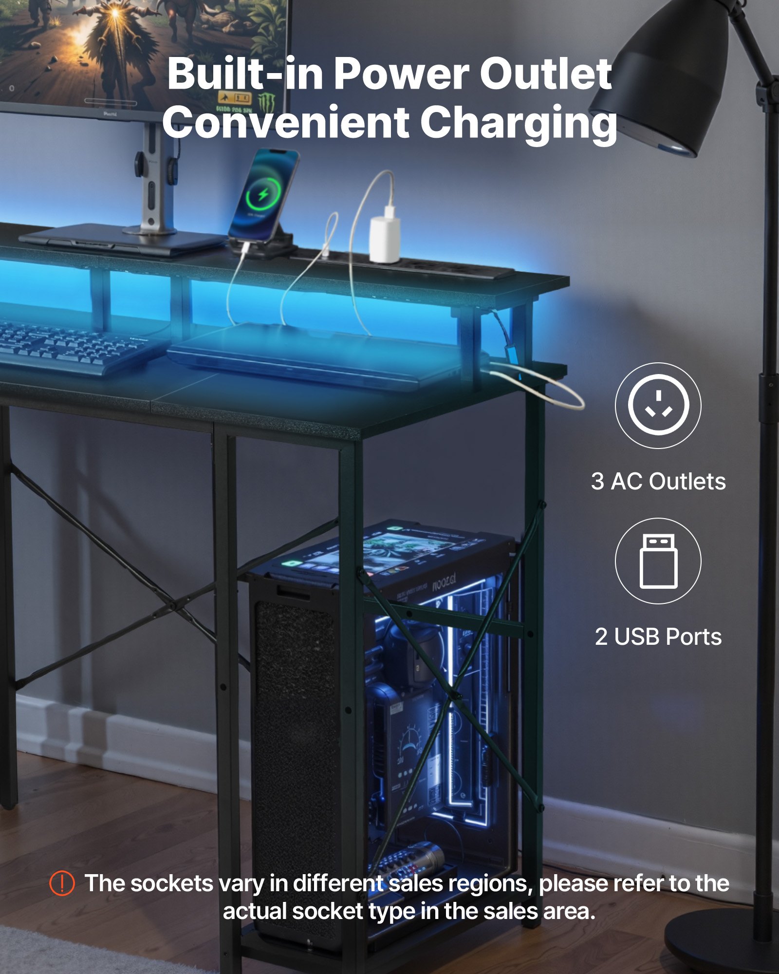 47" Gaming Desk With LED Lights & Power Outlets, Computer Desk With Monitor Stand & 2-Tier Storage Sheves, Study Work For Home Office, Black 4