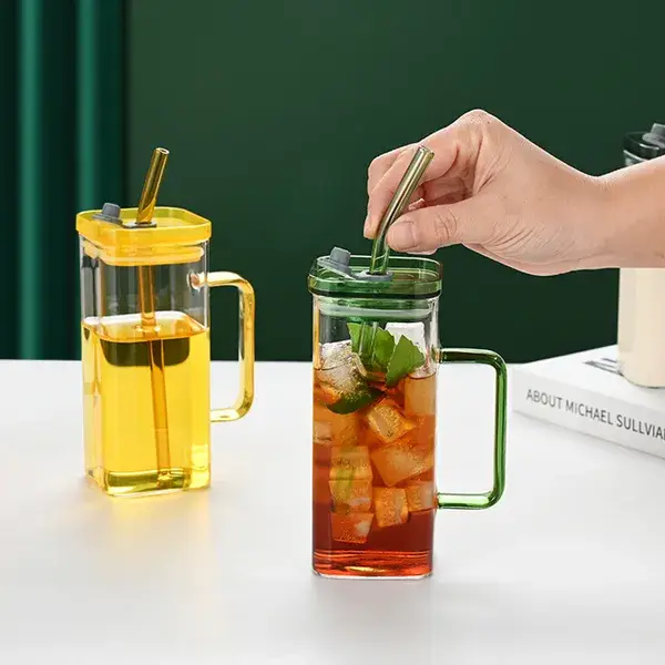 1 Pcs Transparent Glass Straw Cup, 6 Colors Square Glass Cup With Straw And Lid, High Borosilicate Glass Cup, Milk Cup, Juice Cup, Cold Drink Cup, Coffee Cup, T
