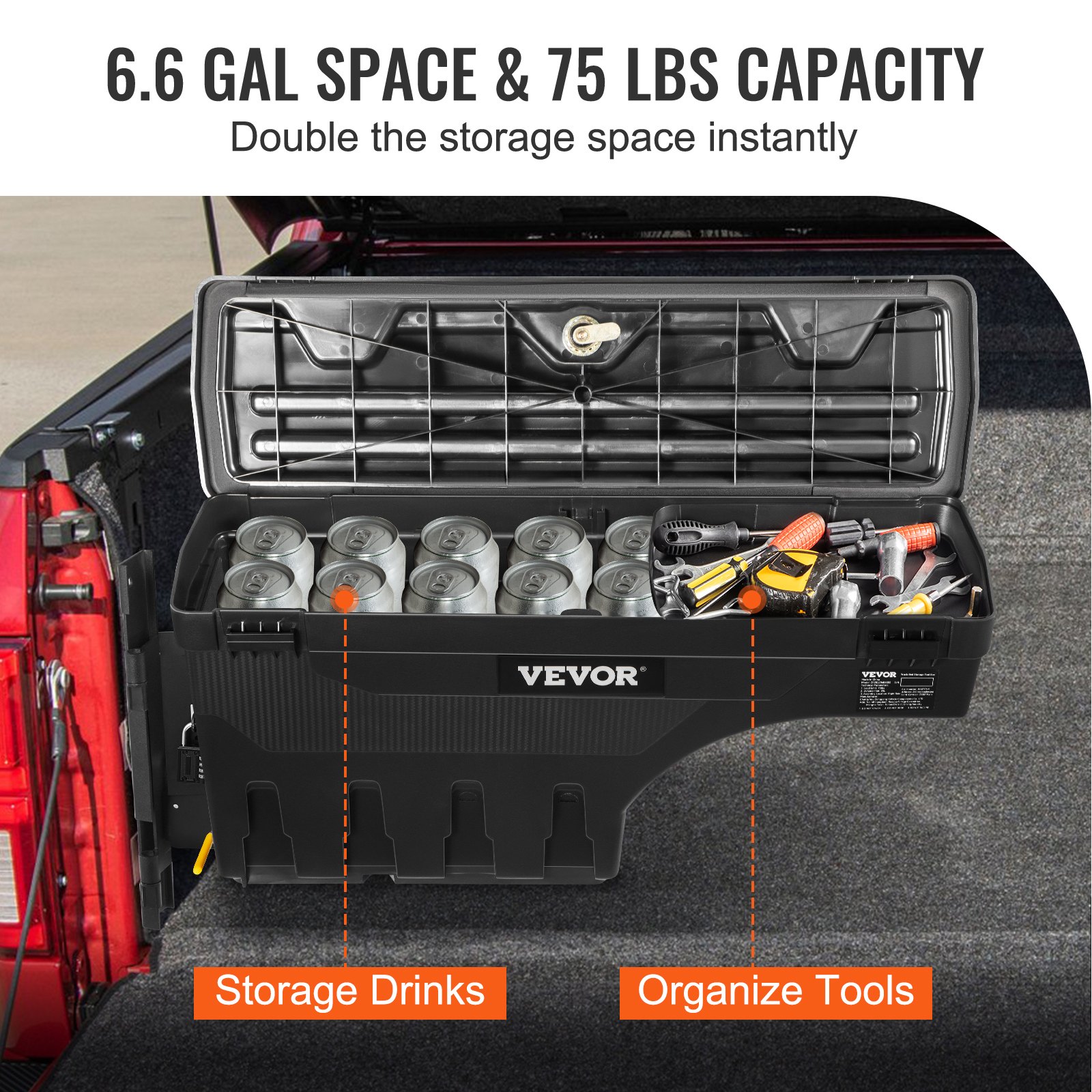 Truck Bed Storage Box, Lockable Swing Case With Password Padlock, 6.6 Gal/25 L ABS Wheel Well Tool Box, Waterproof… - 6