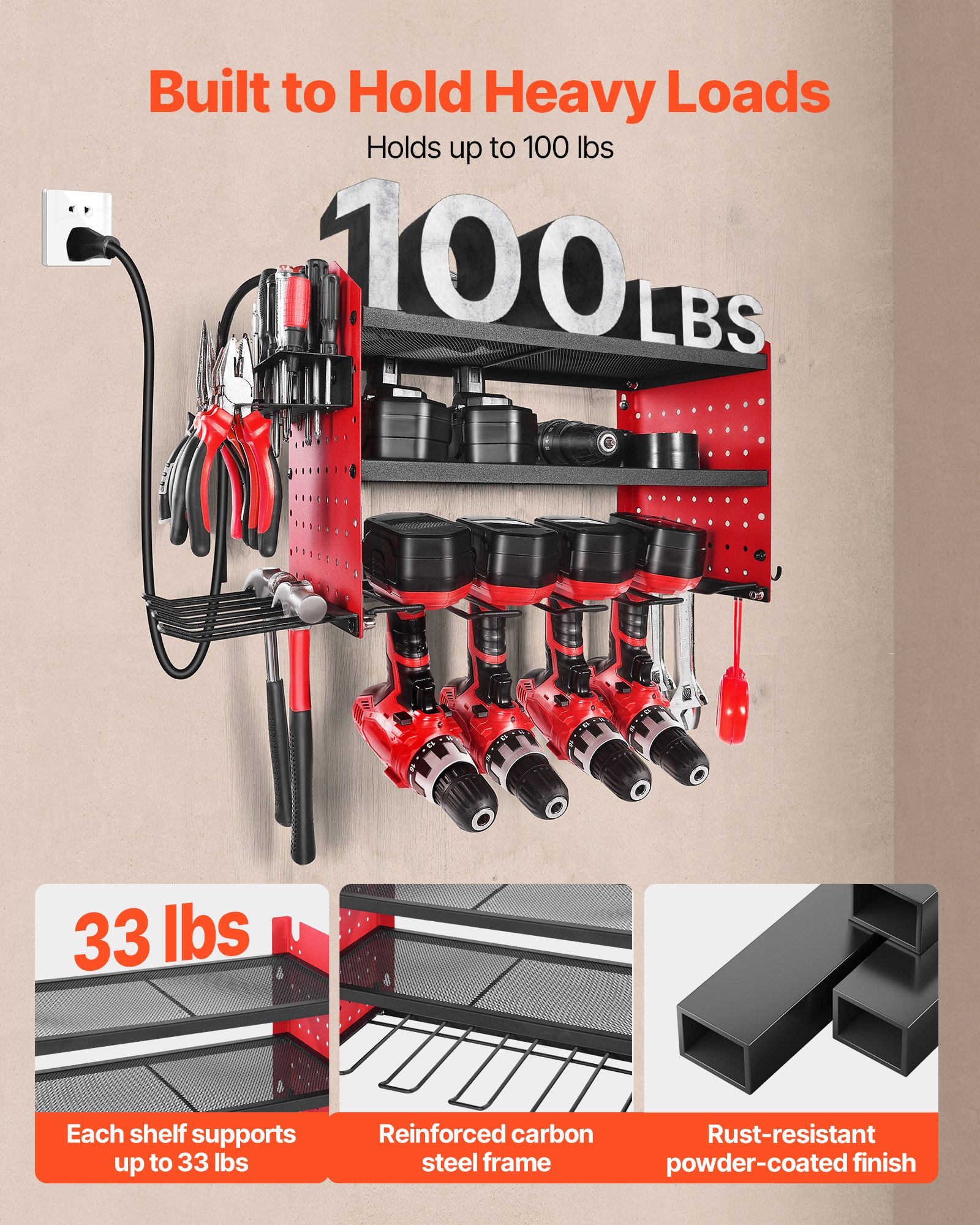 Power Tool Organizer With Charging Station, 3-Layer Drill Storage Rack With 4 Drill Holders & Side Pegboard, Garage Tool Organizer Built In 8 Outlet Power Strips For Garage, Workbench, Workshop image 5