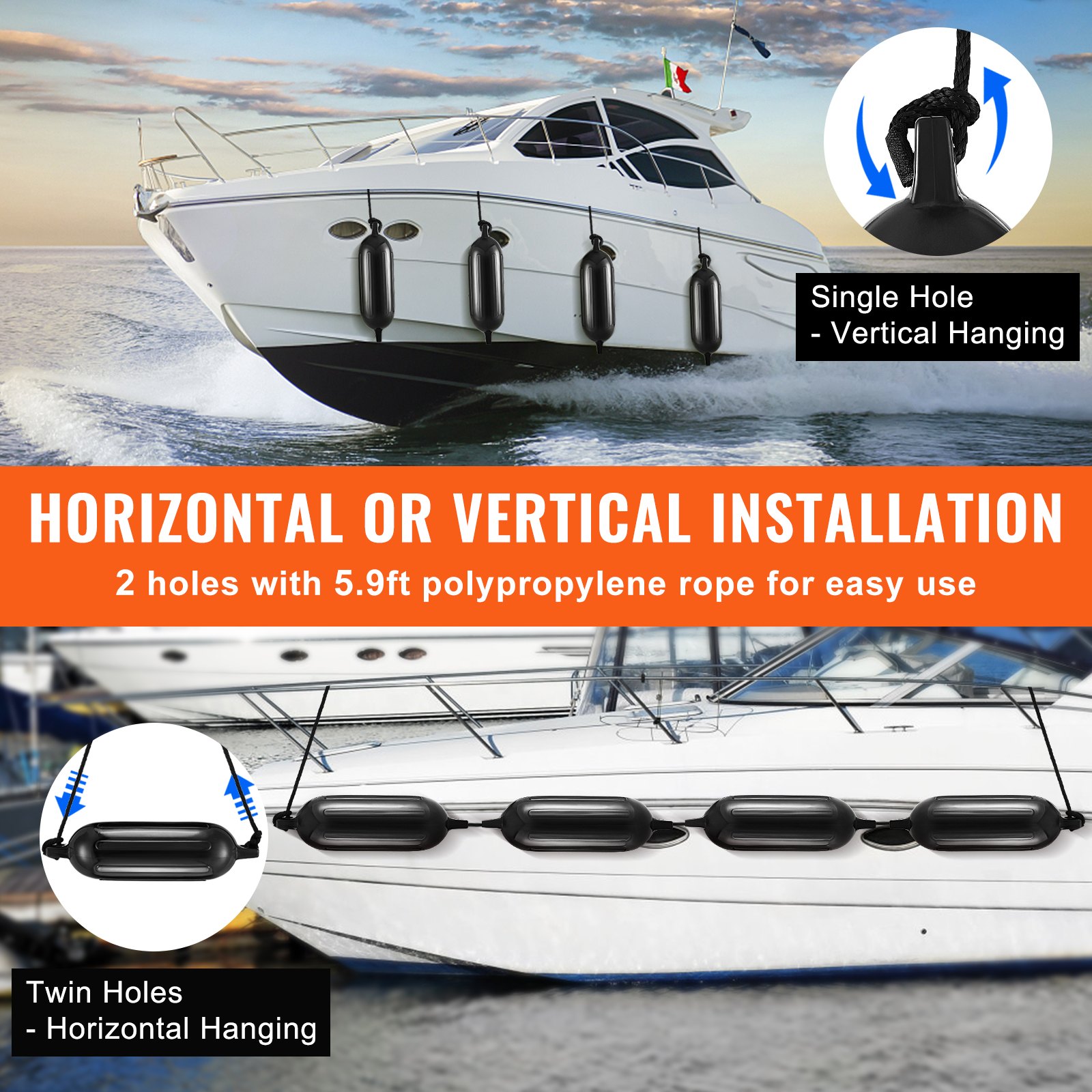 Boat Fenders, 6.5" X 23" Boat Bumpers For Docking, Inflatable Ribbed Fender With Center Holes, Marine Boat Dock… - 6