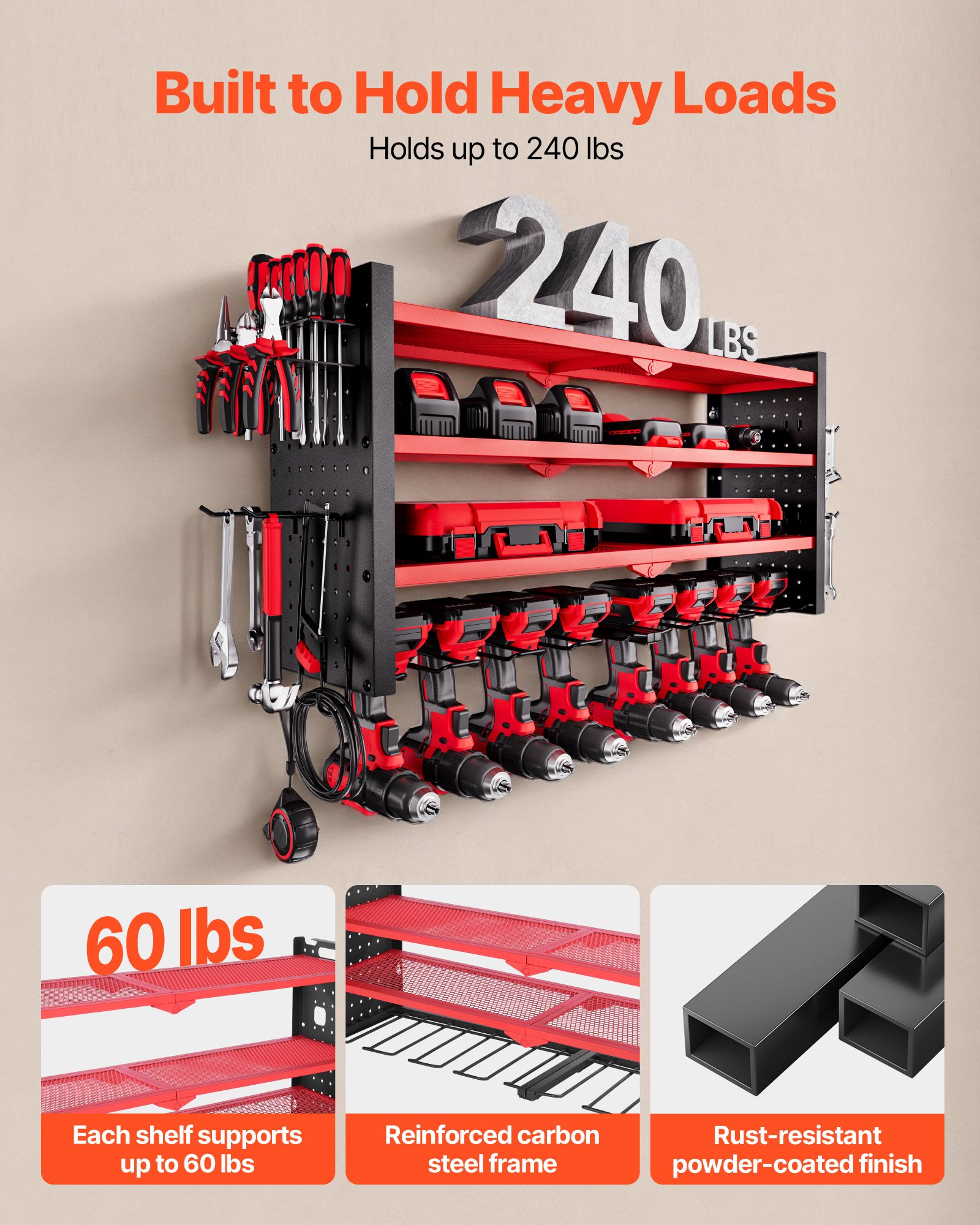 Power Tool Organizer Wall Mount, 4-Layer Storage Rack With 8 Drill Holders, Tools Holder And Storage Rack With Side… - 5
