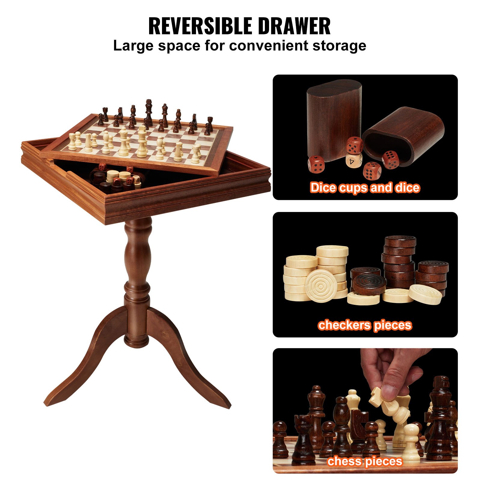 3-in-1 Wooden Chess Checkers & Backgammon Table Set – 18-Inch Premium Hardwood Game Board with Storage Drawer for Family Game Nights