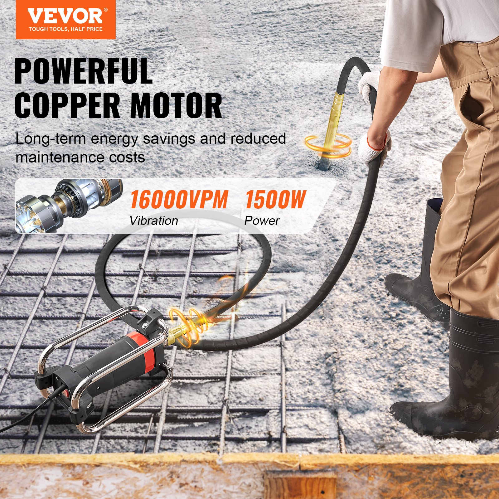 Electric Concrete Vibrator, 1300W 16000 VPM, 2HP Copper Motor Handheld Concrete Vibrating Tool, Portable Pencil Cement Vibrator With Shaft Of 14.75ft / 4.5m, Remove Air Bubble And Level Concrete — вид 2