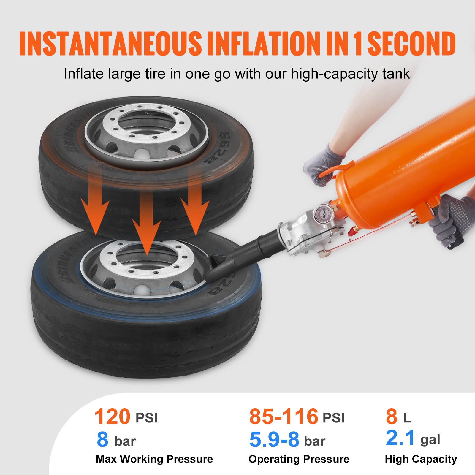 Tire Bead Setter, 8L Capacity, 120 PSI Air Bead Blaster, Handheld & Portable Inflation Device, 85-116 PSI For Trucks, Tractors, ATVs & Cars image 3