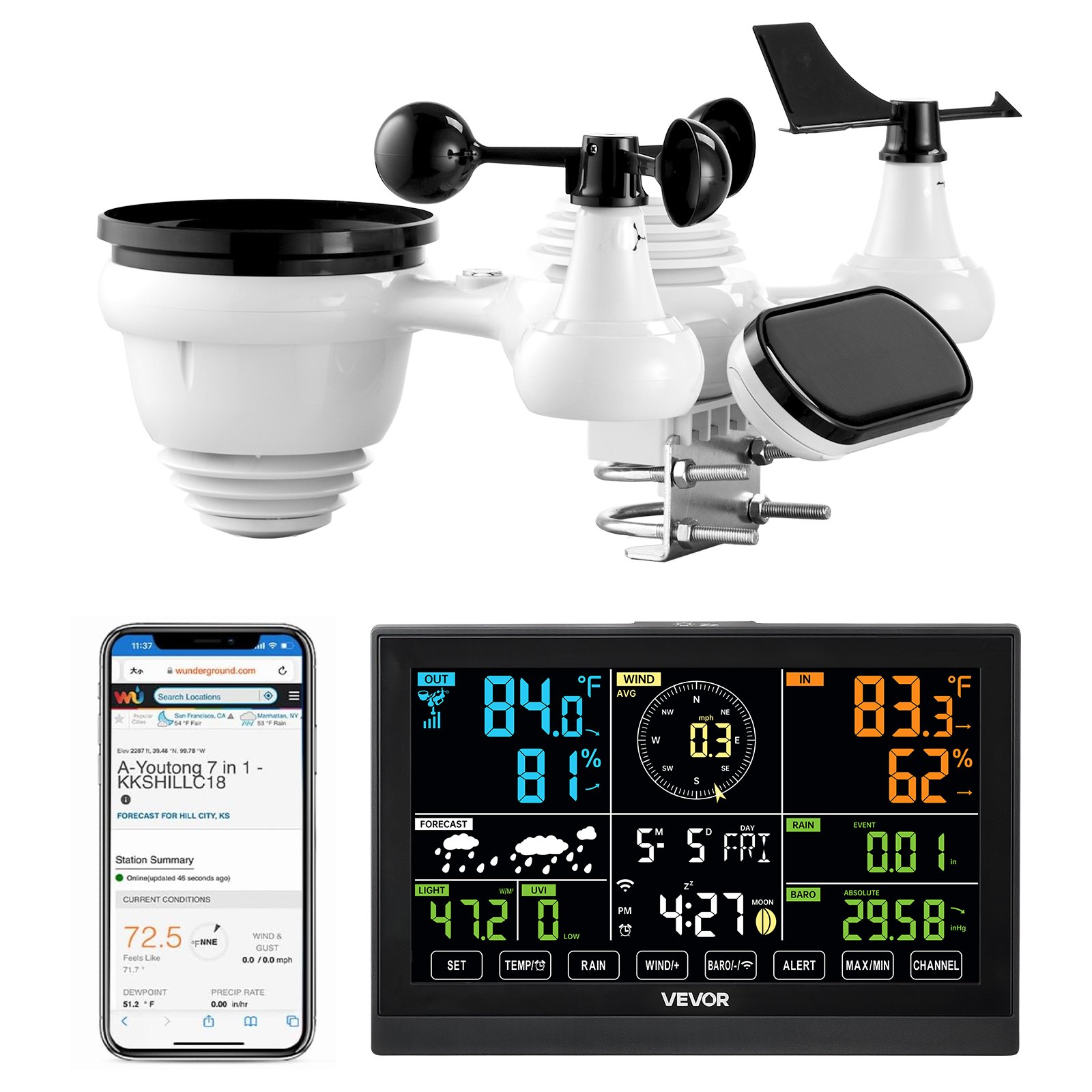 7-in-1 Wi-Fi Weather Station, 7.5-Inch VA Display, Solar Powered Wireless Outdoor Sensor, Home Weather Station Indoor Outdoor, For Temperature, Humidity, Wind Speed/Direction, Rainfall, No APP