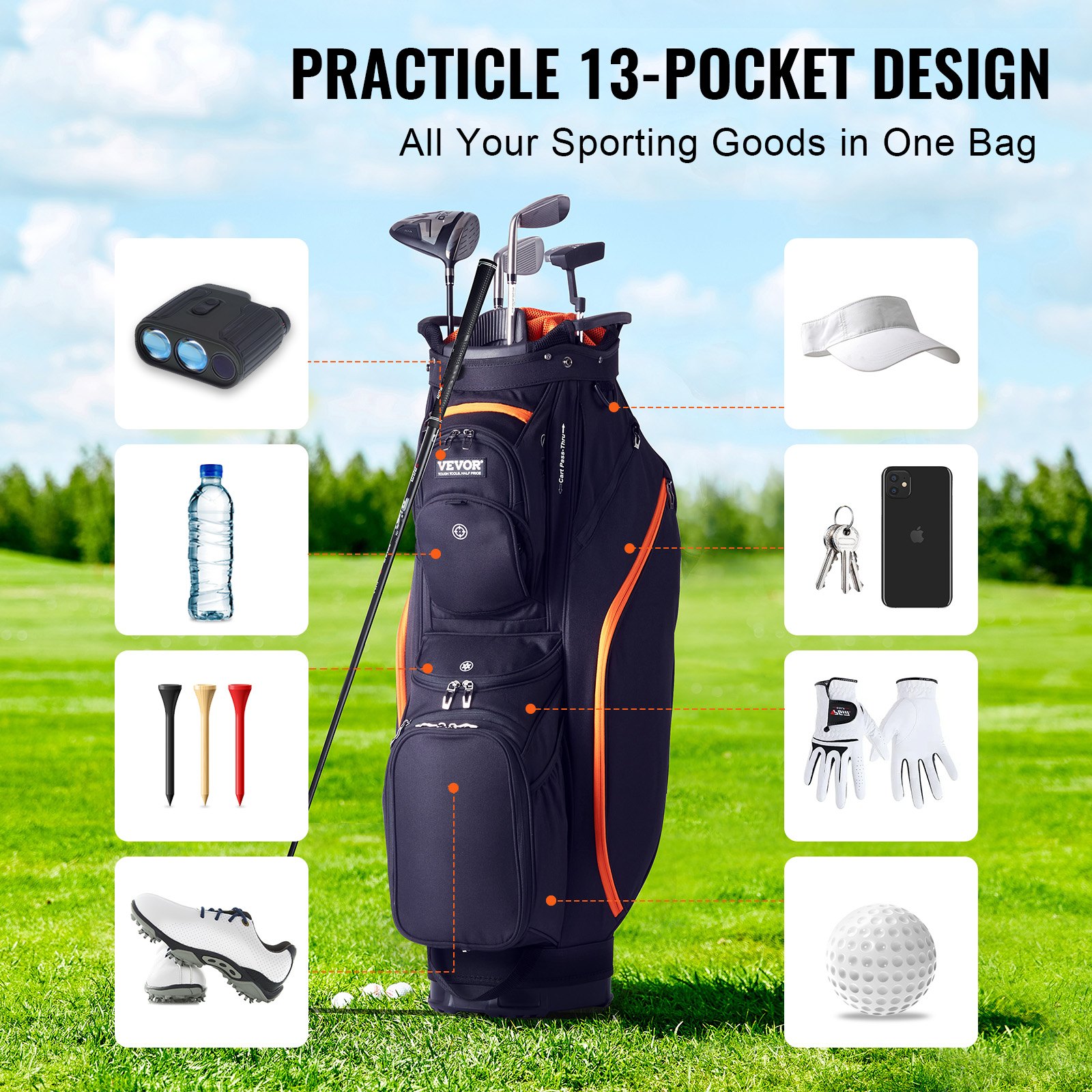 Golf Cart Bag With 14 Way Organizer Divider Top, 36” 13 Pockets Premium Cart Bag, Durable Golf Bags With Handles & Dust Cover & Detachable Straps For Men & Women, Black & Orange