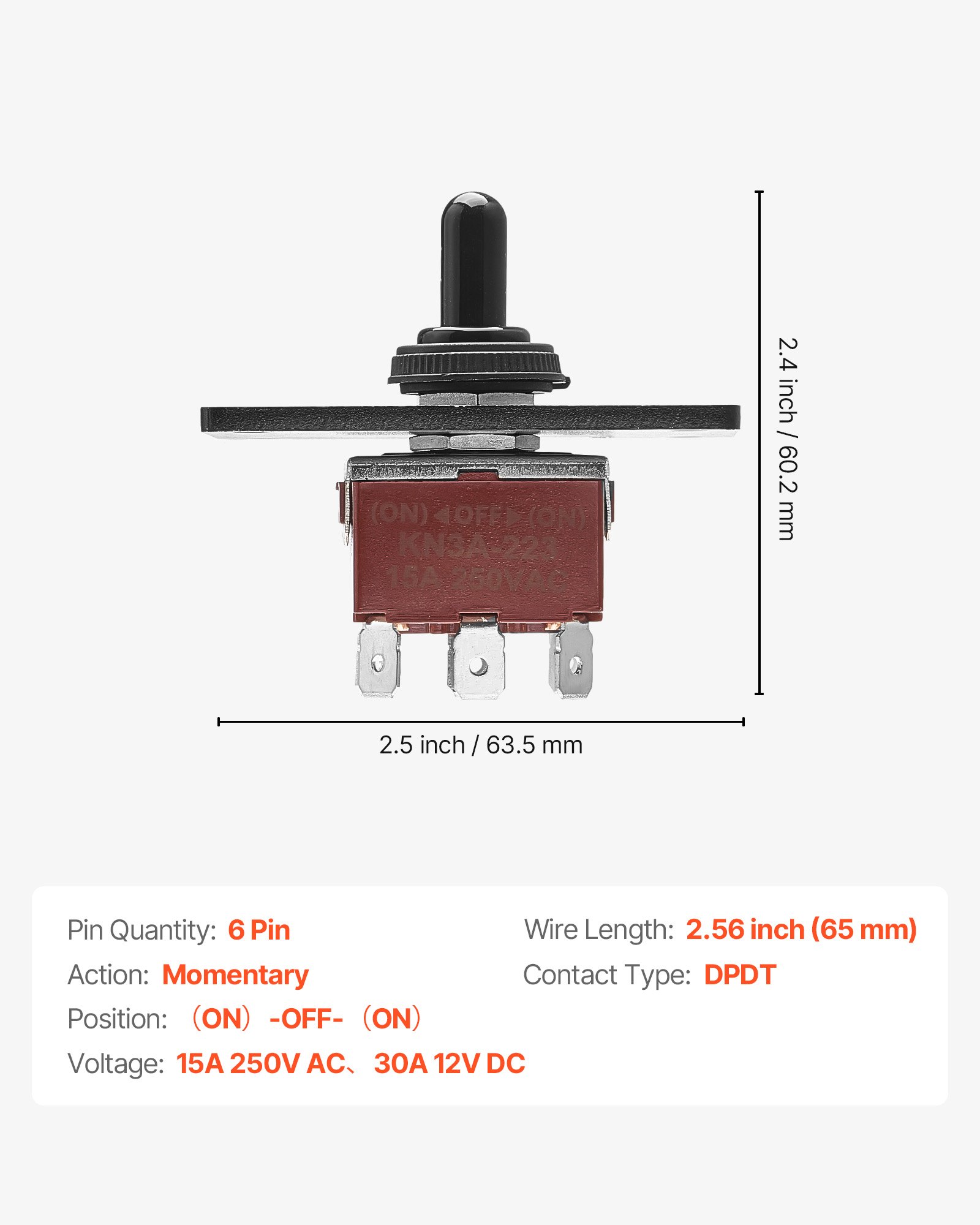 Toggle Switch, 6 Pin Momentary Polarity Reversing Toggle Switch (ON)-Off-(ON) DC 12V/30A AC 250V/15A - With Up Down Mounting Panel & Waterproof Boot Cap For Auto Car Marine Boat
