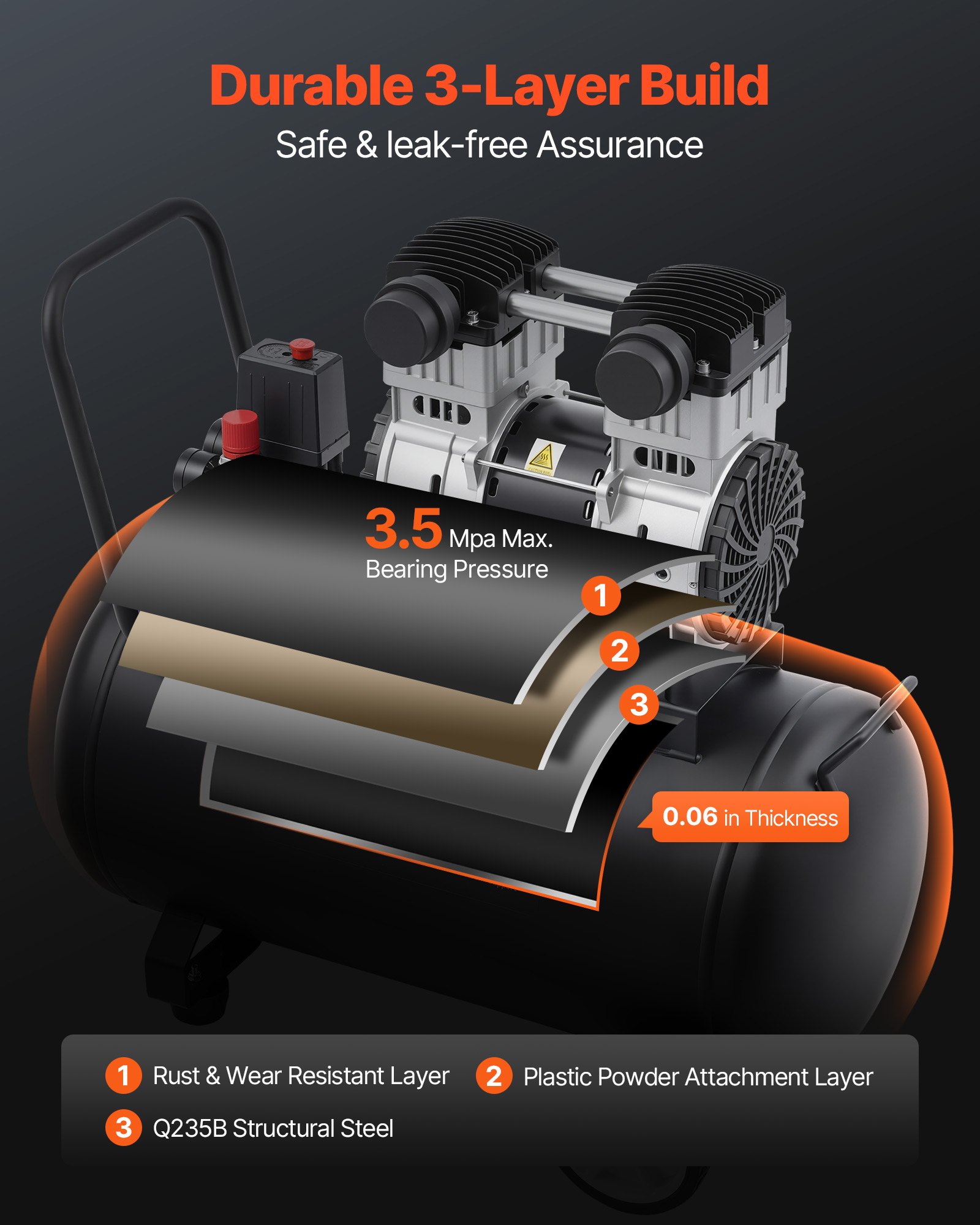 Air Compressor, 15 Gallon Steel Tank, 2HP 5.3 CFM@90 PSI Oil Free Air Compressor & Max. 125PSI Pressure, 78dB Ultra Quiet Portable Compressor, For Auto Repair, Tire Inflation, Spray Painting