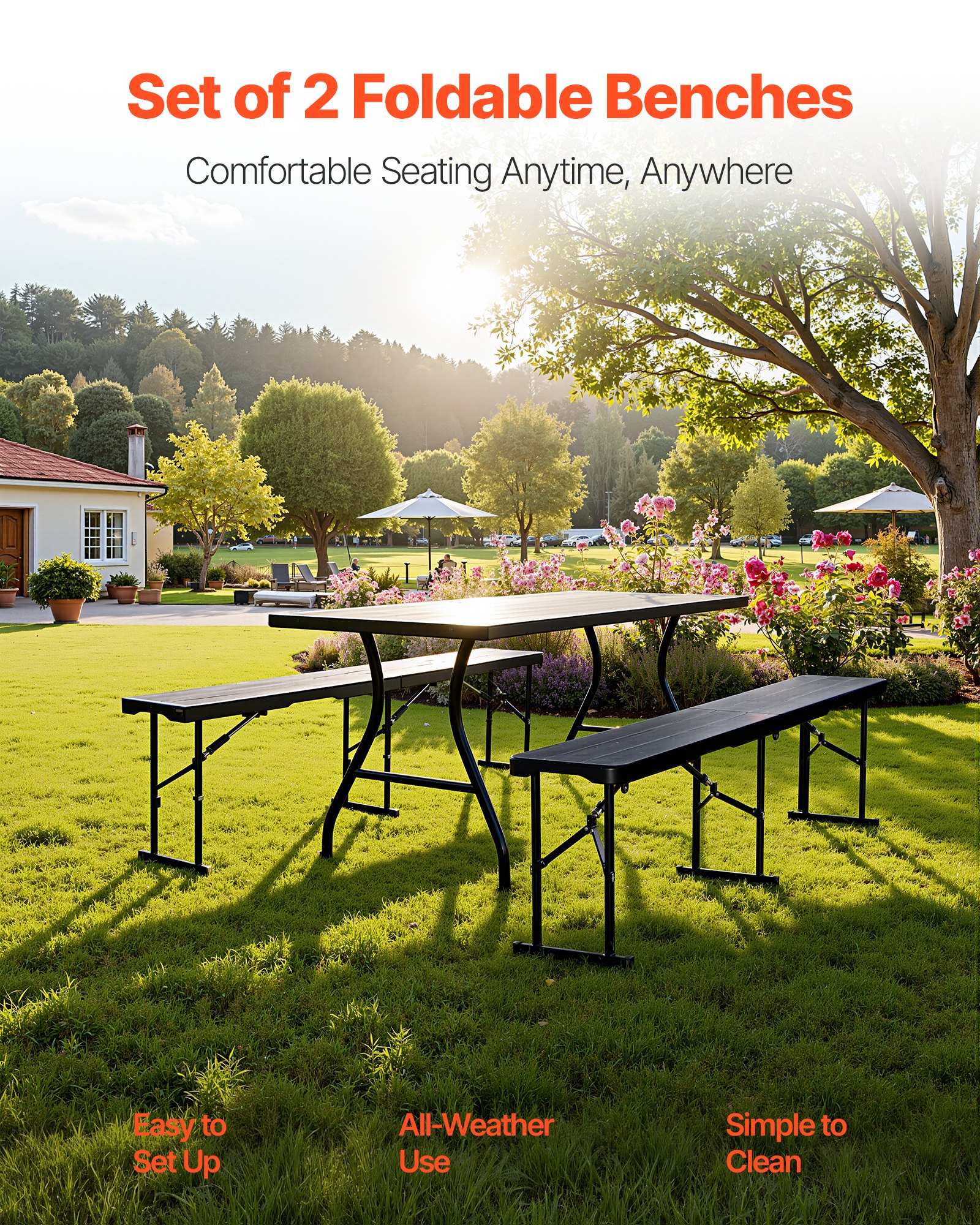 Plastic Folding Bench, 6 Ft Portable Bench For Outdoor Picnic Party Camping Dining, Foldable Smooth HDPE Seat For Garden Soccer Multipurpose Entertaining Activities, 2 Pack, 2 Carry Bags, Black_voghion.com