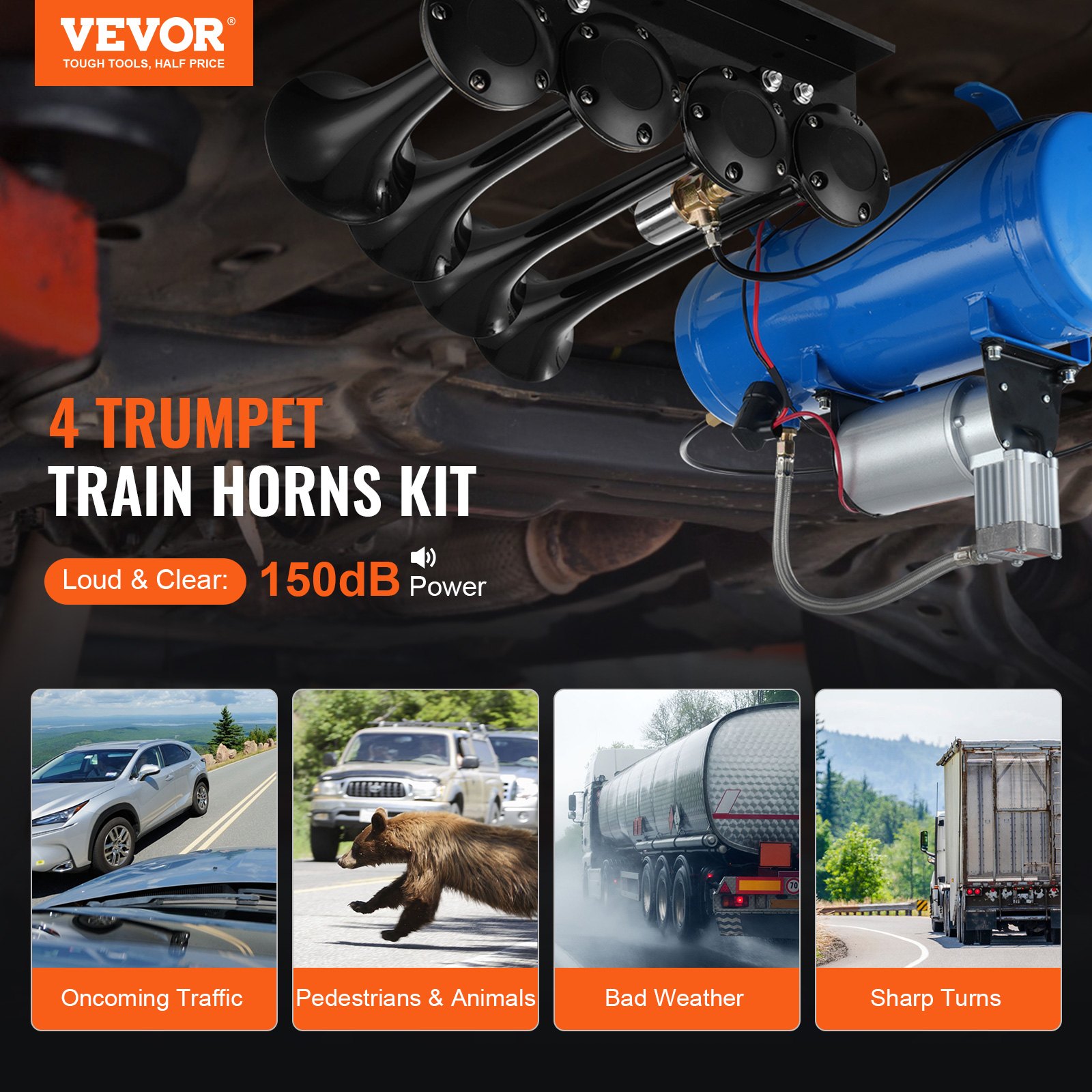 Train Horns Kit, 4 Trumpet Air Horn Kit, 150dB Train Horns For Pickup Trucks, 12V 120 Psi Air Compressor 1.6 Gal/6 L… - 3