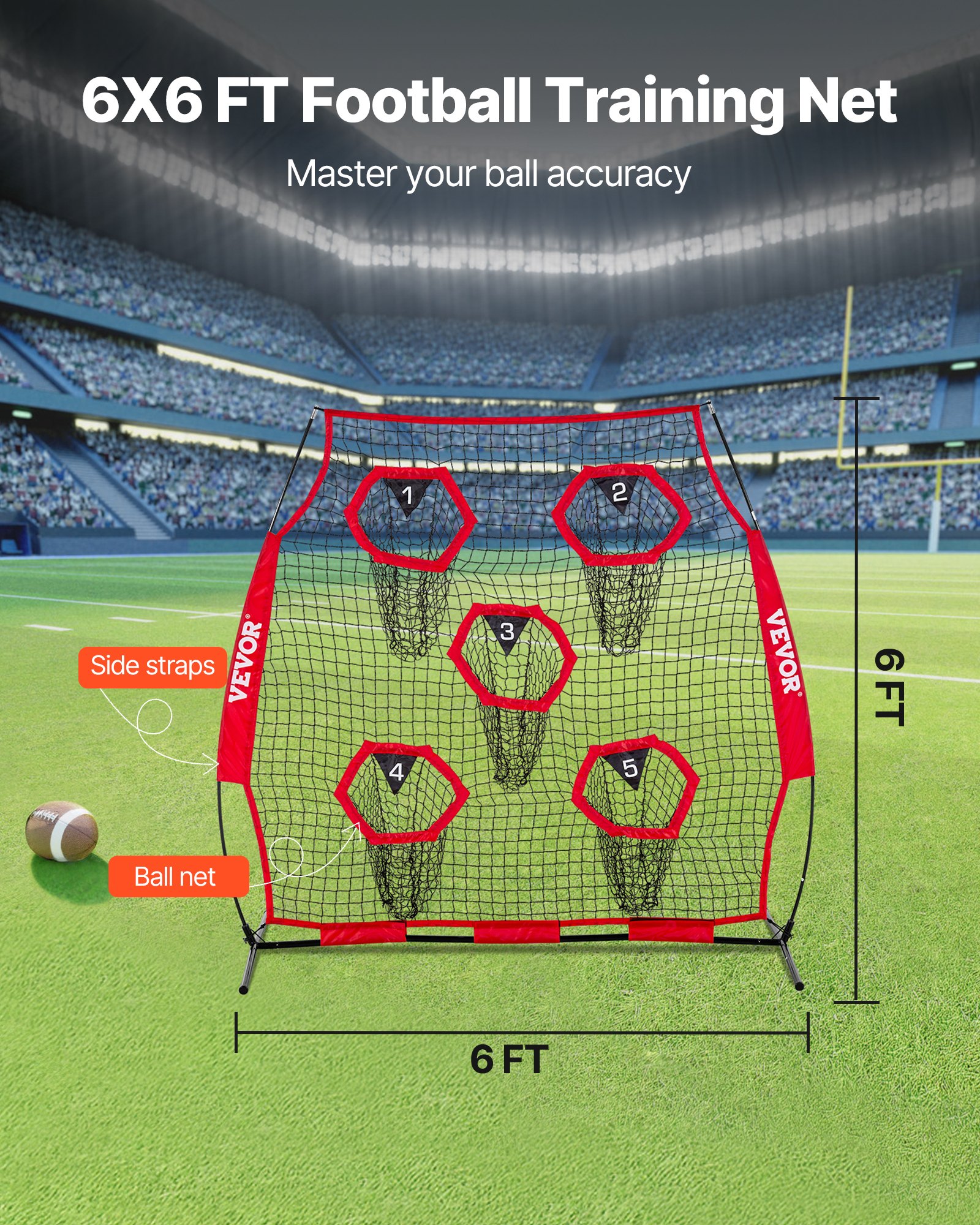 6 X 6 Ft Football Trainer Throwing Net, Training Throwing Target Practice Net With 5 Target Pockets… image 3