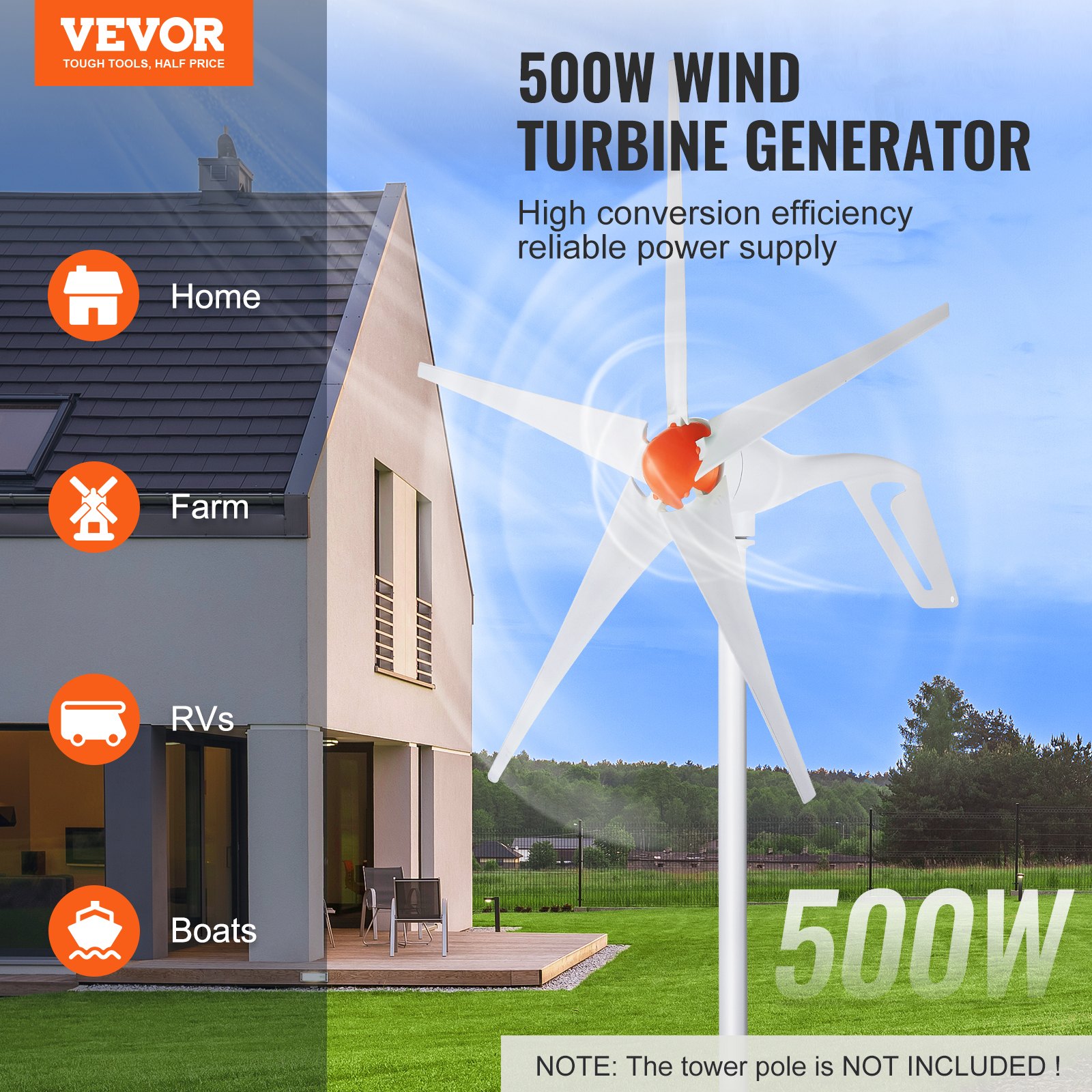 500W Wind Turbine Generator, 12V Wind Turbine Kit, 5-Blade Wind Power Generator With MPPT Controller, Adjustable Windward Direction & 2.5m/s Start Wind Speed, Suitable For Home, Farm, RVs, Boats