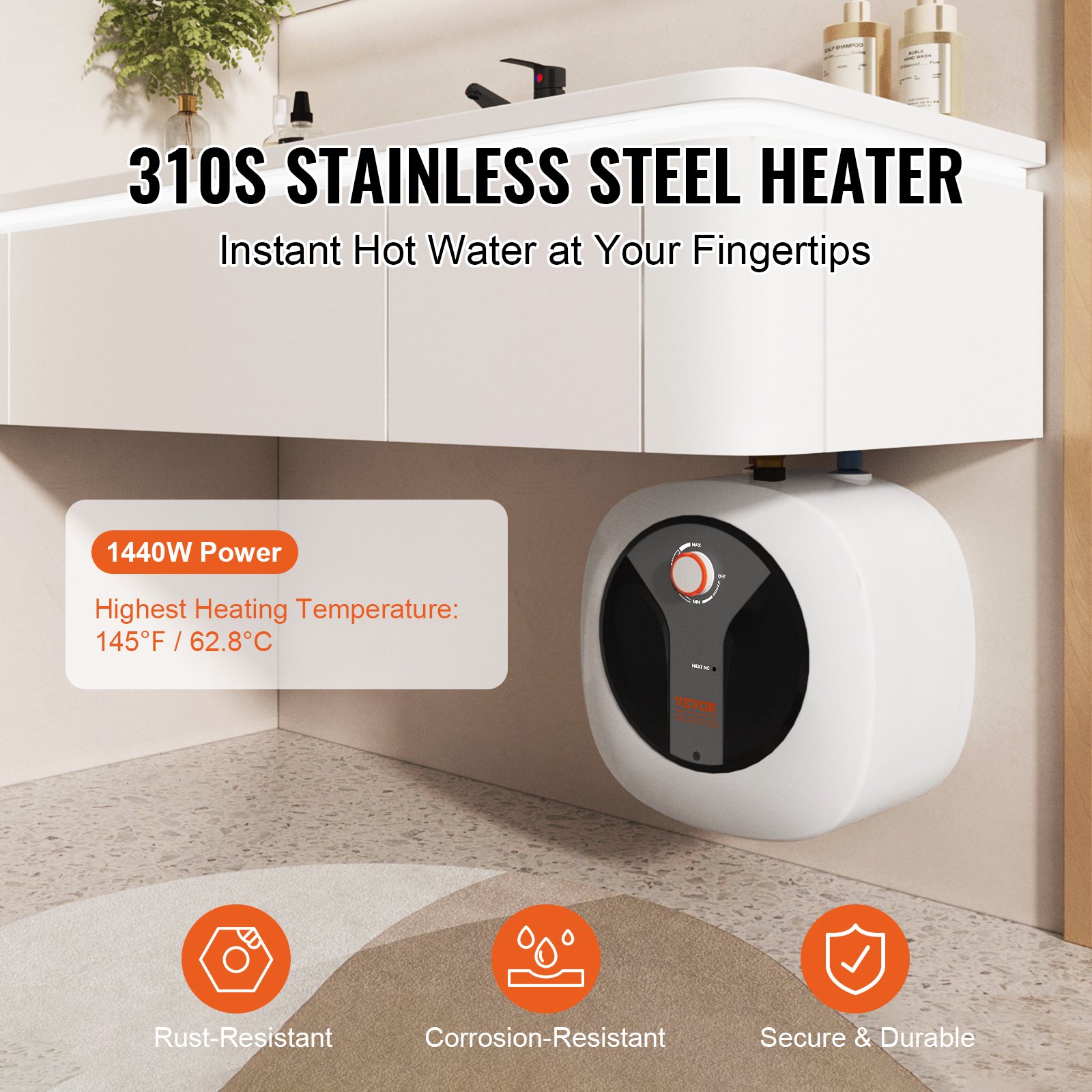 Electric Mini-Tank Water Heater 8-Gallon Tank, 1440W Hot Water Boiler Storage, Safety Temperature… image 3
