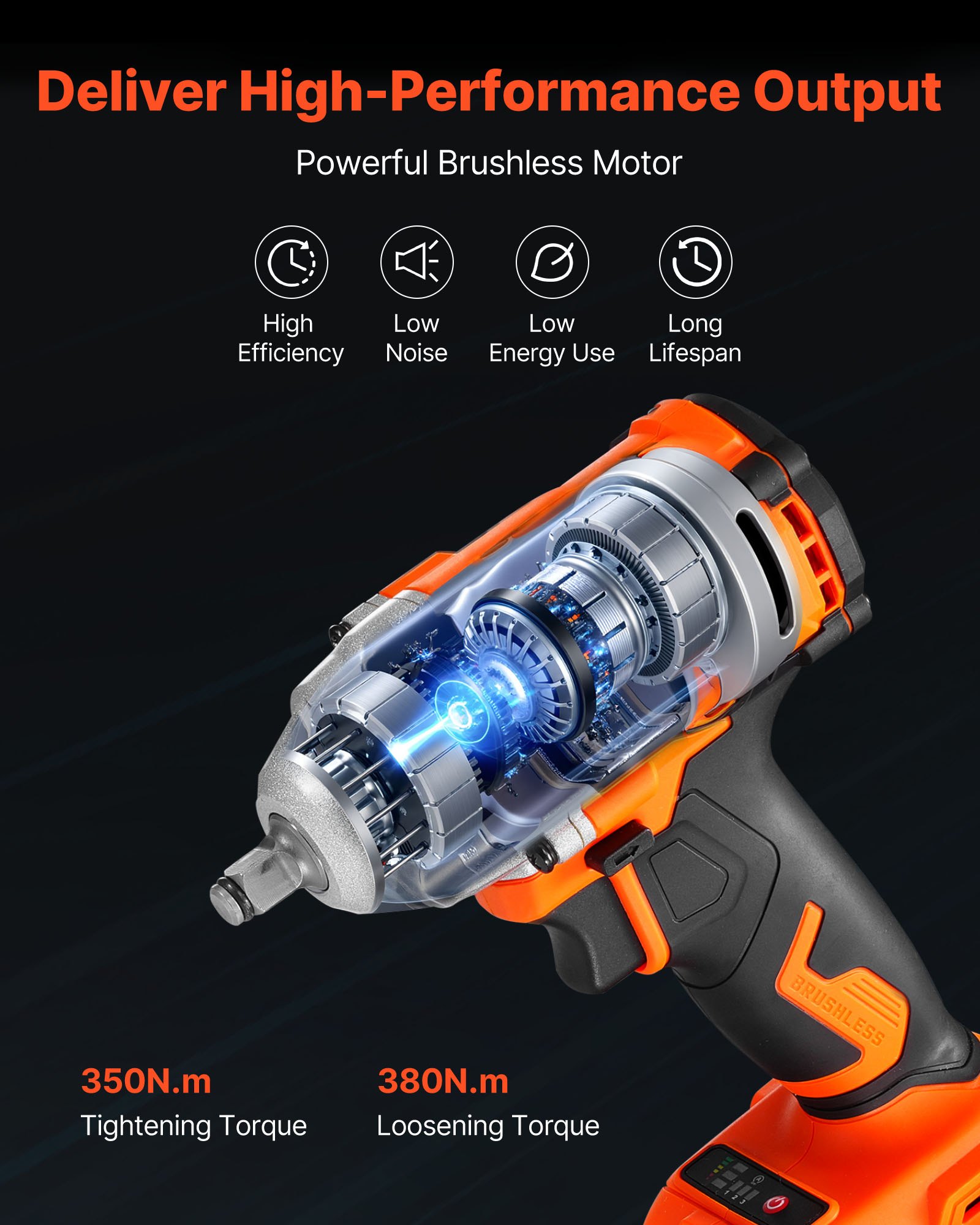 Cordless Impact Wrench, 280 Ft-lbs / 380 N�m High Torque, 3/8 Inch, 20V Electric Impact Wrench With Brushless Motor,… - 3