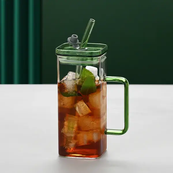 1 Pcs Green Glass Straw Cup, 6 Colors Square Glass Cup With Straw And Lid, High Borosilicate Glass Cup, Milk Cup, Juice Cup, Cold Drink Cup, Coffee Cup, Tea Cup