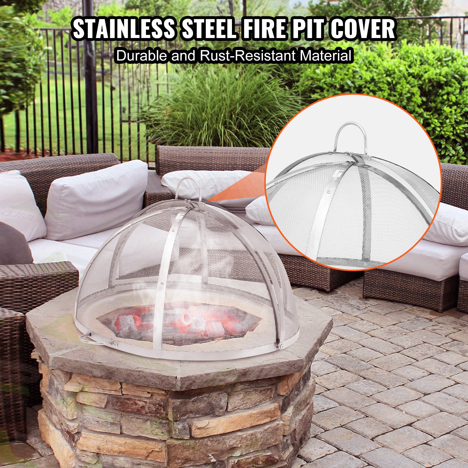 Firepit Spark Screen Lid, 914.4mm Diameter, Outdoor Firepit Ring Cover Round Accessories, Fire Pit Metal Cover, Easy-Opening Stainless Steel Fire Ring Covers For Outdoor Patio Fire Pits Backyard