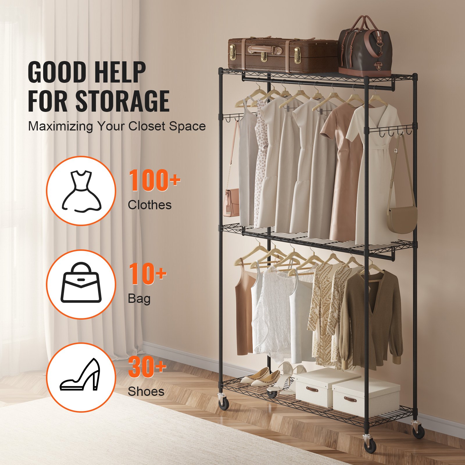 Heavy Duty Clothes Rack, Rolling Clothing Garment Rack With 3 Storage Tiers, 2 Rods And 2 Pairs Side Hooks, Adjustable Height Clothing Rack Closet For Hanging Clothes, 400 Lbs Load Capacity image 5