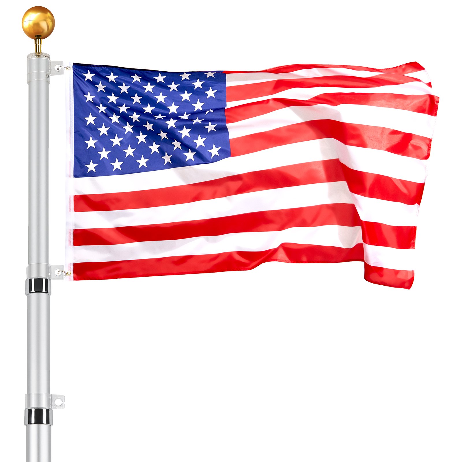 25FT Telescoping Flag Pole Kit, Heavy Duty Aluminum Alloy In Ground Flag Poles For Outside, 3 Display Modes Flagpole With 3x5 American Flag, Professional Accessories, Silver - Image 1